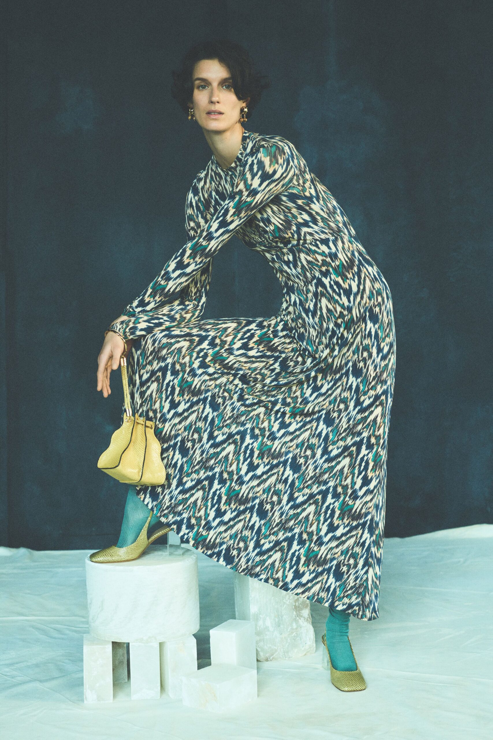 multi silk long-sleeve high-neck fitted printed tiered dress
