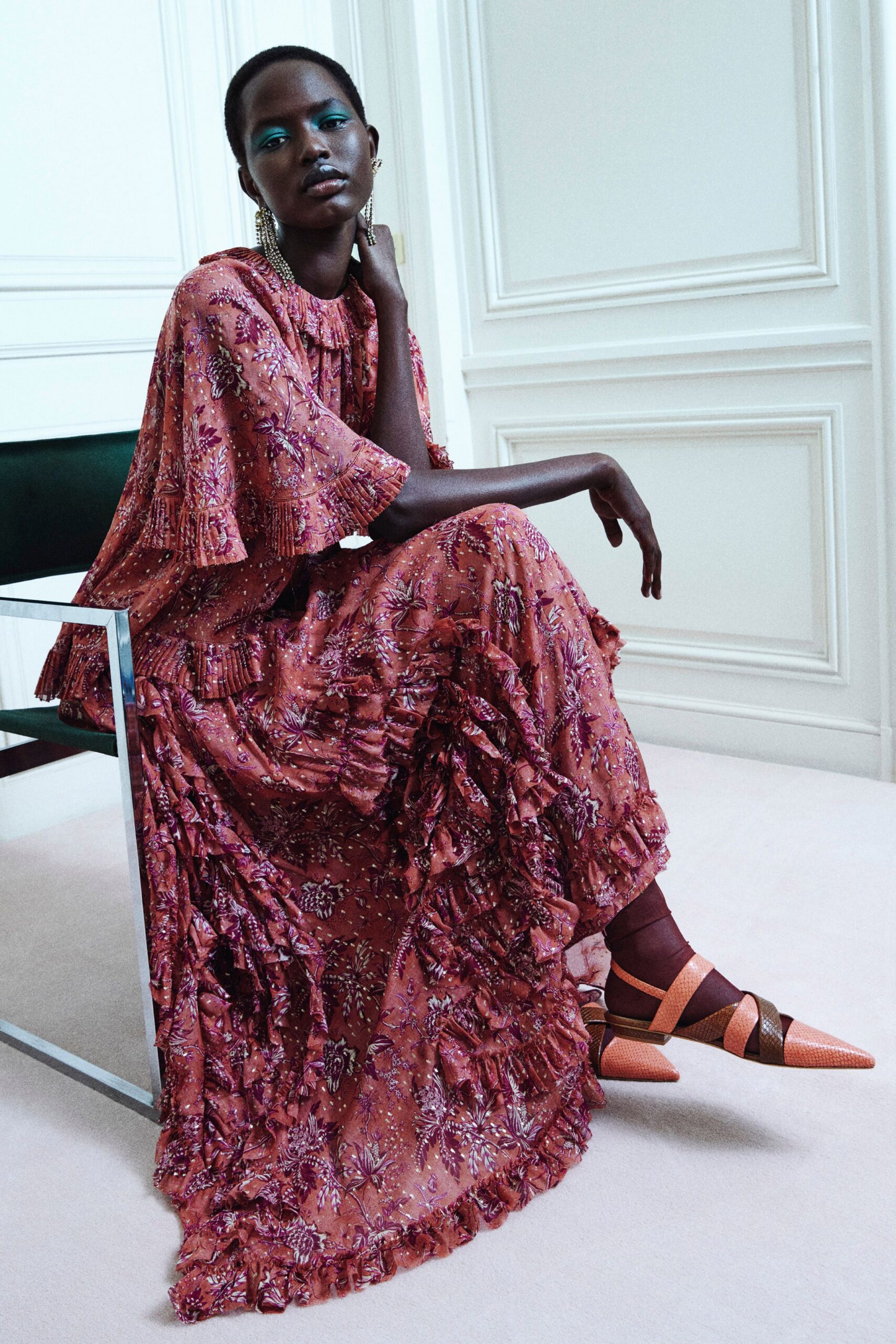 pink purple ruffled maxi gown with shoes