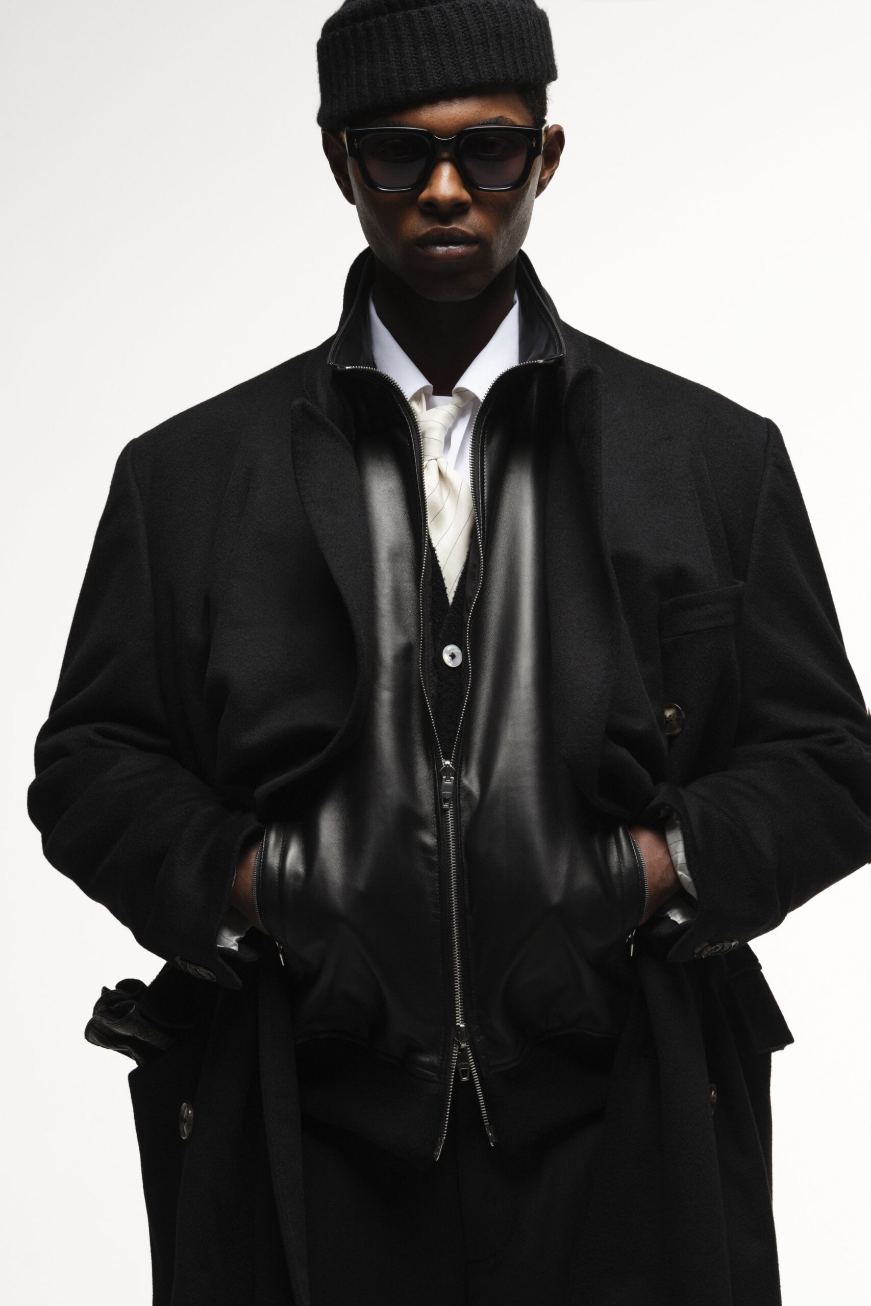 black wool coat with leather vest