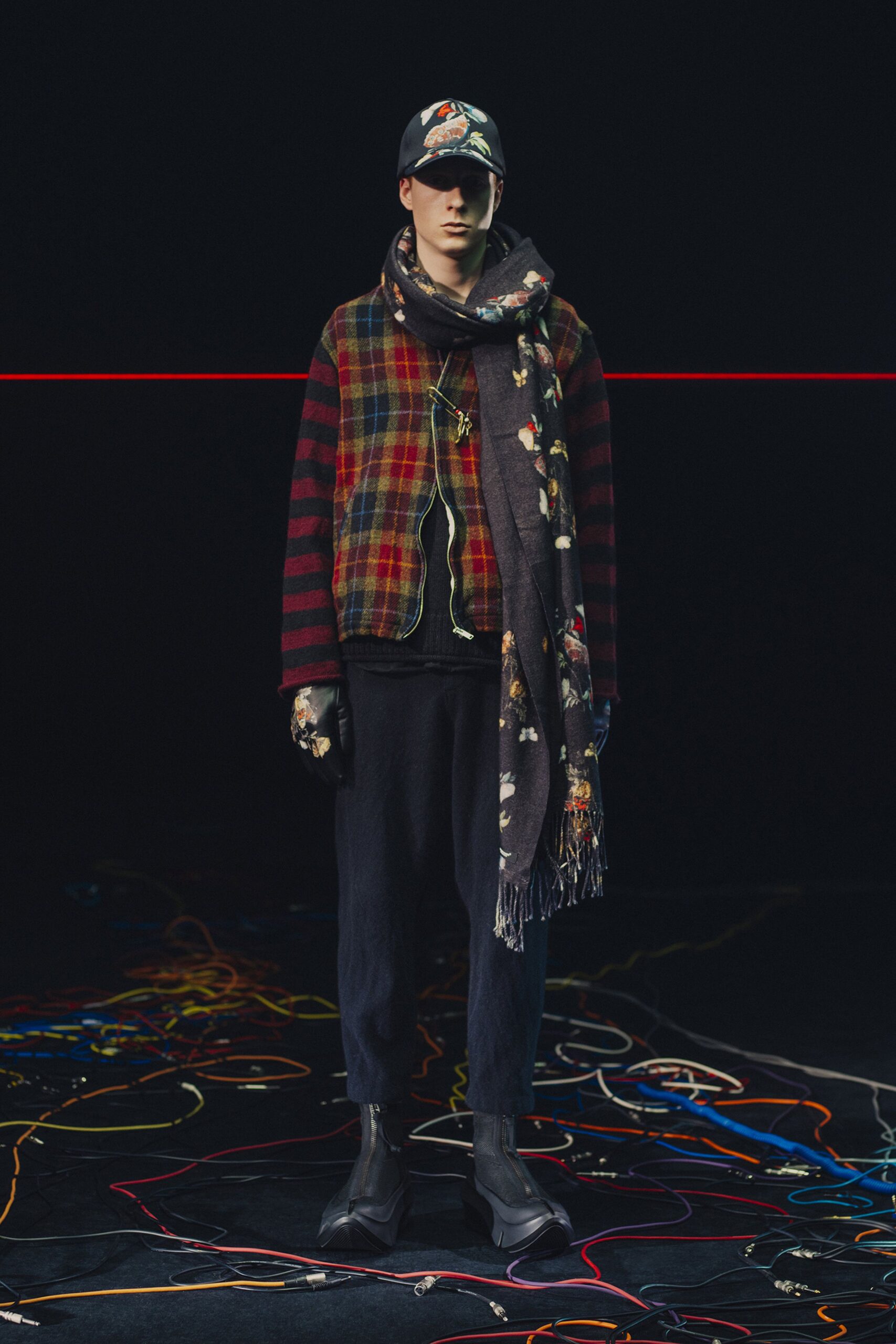 red cotton long-sleeve collared relaxed checked jacket