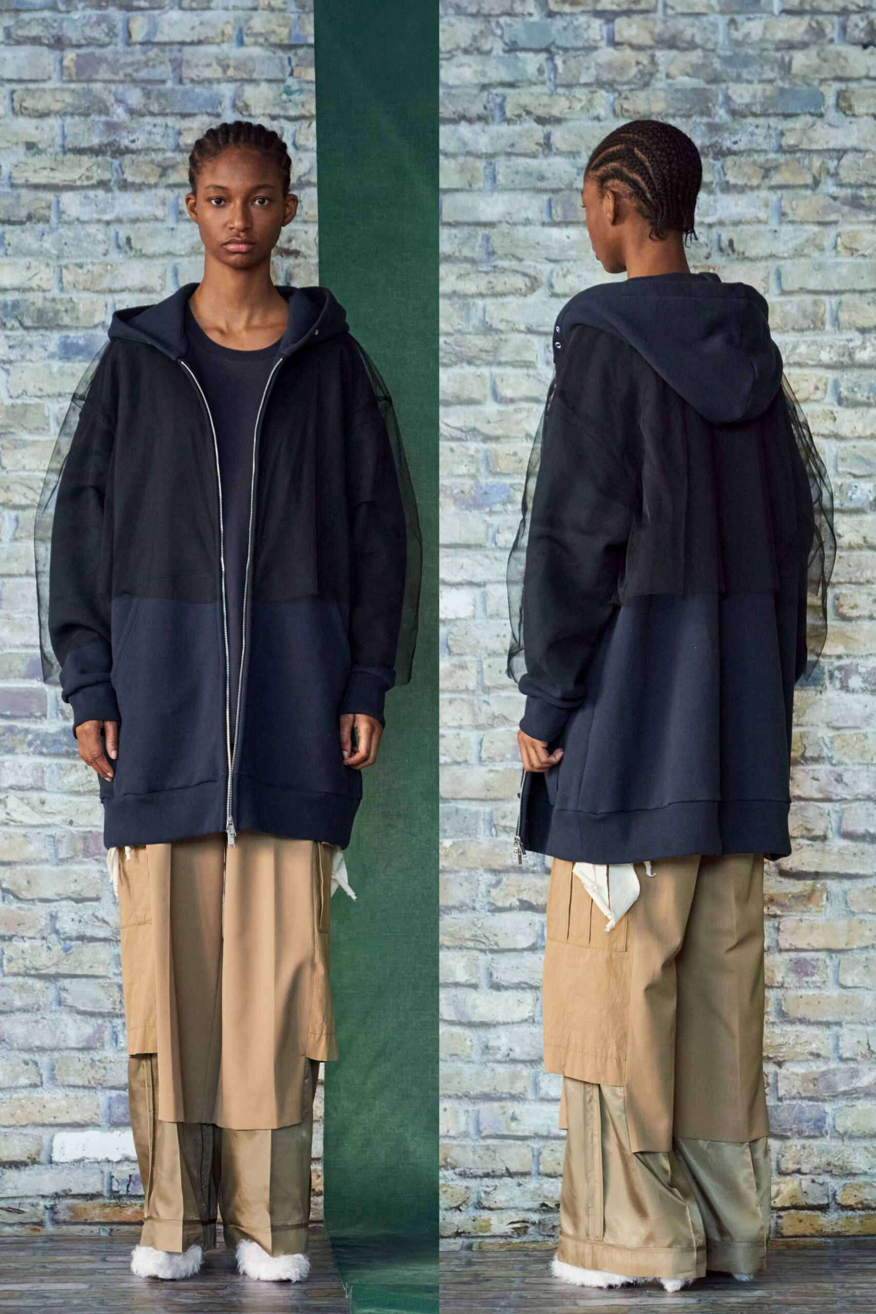 oversized black blue hoodie and beige cargo pants