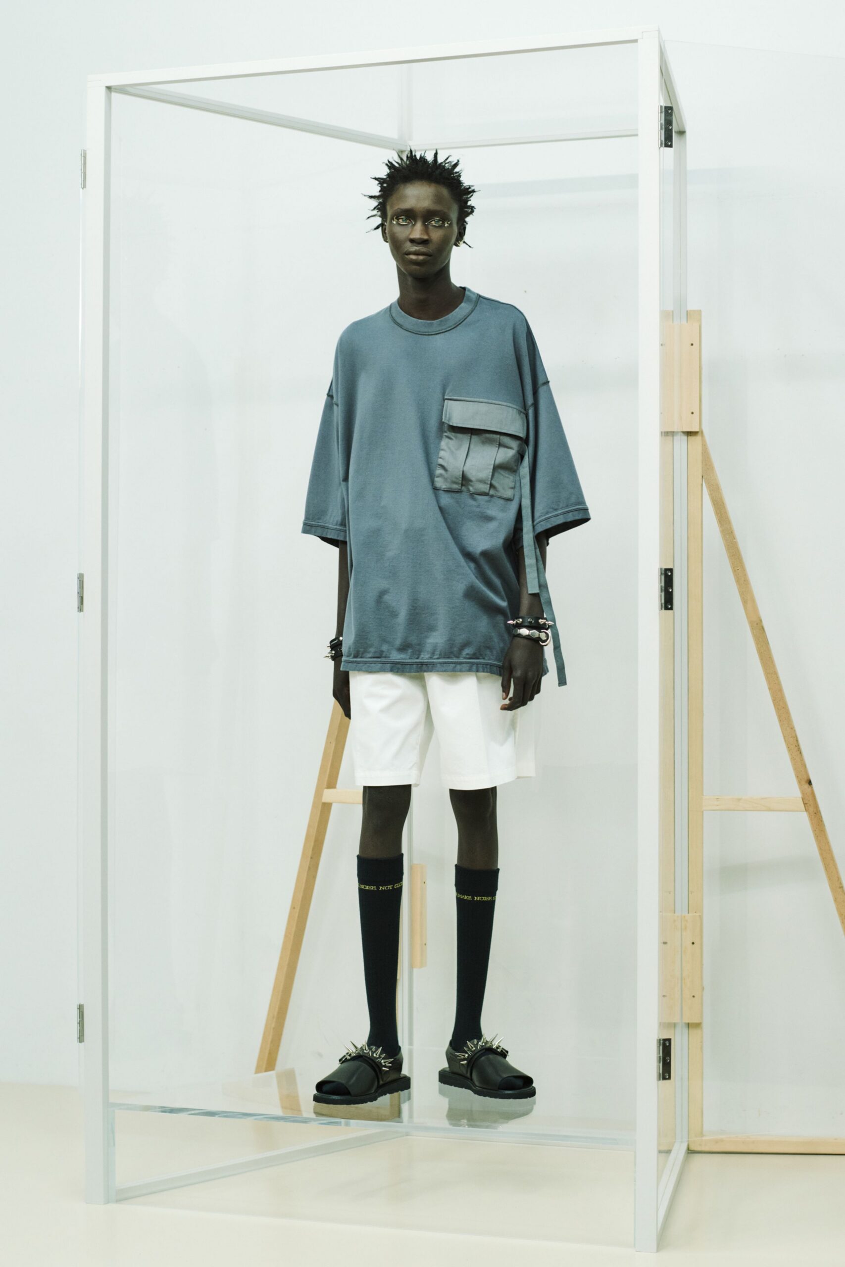 blue relaxed t-shirt with white shorts