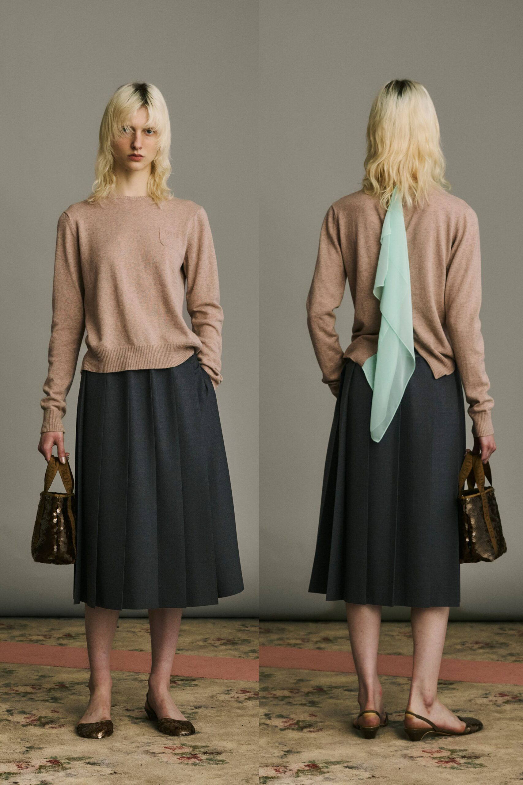 beige wool sweater gray pleated skirt