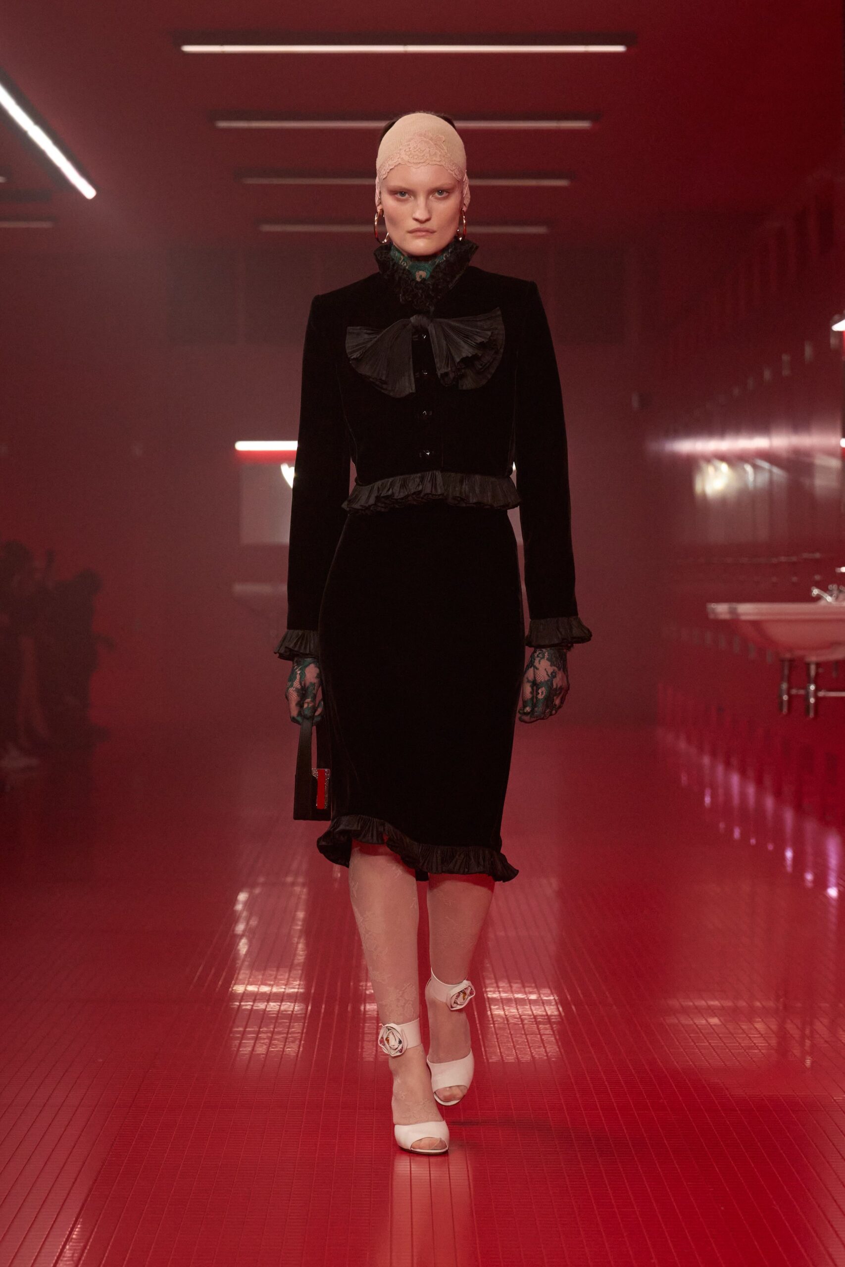black velvet long-sleeve collared fitted ruffled tiered dress