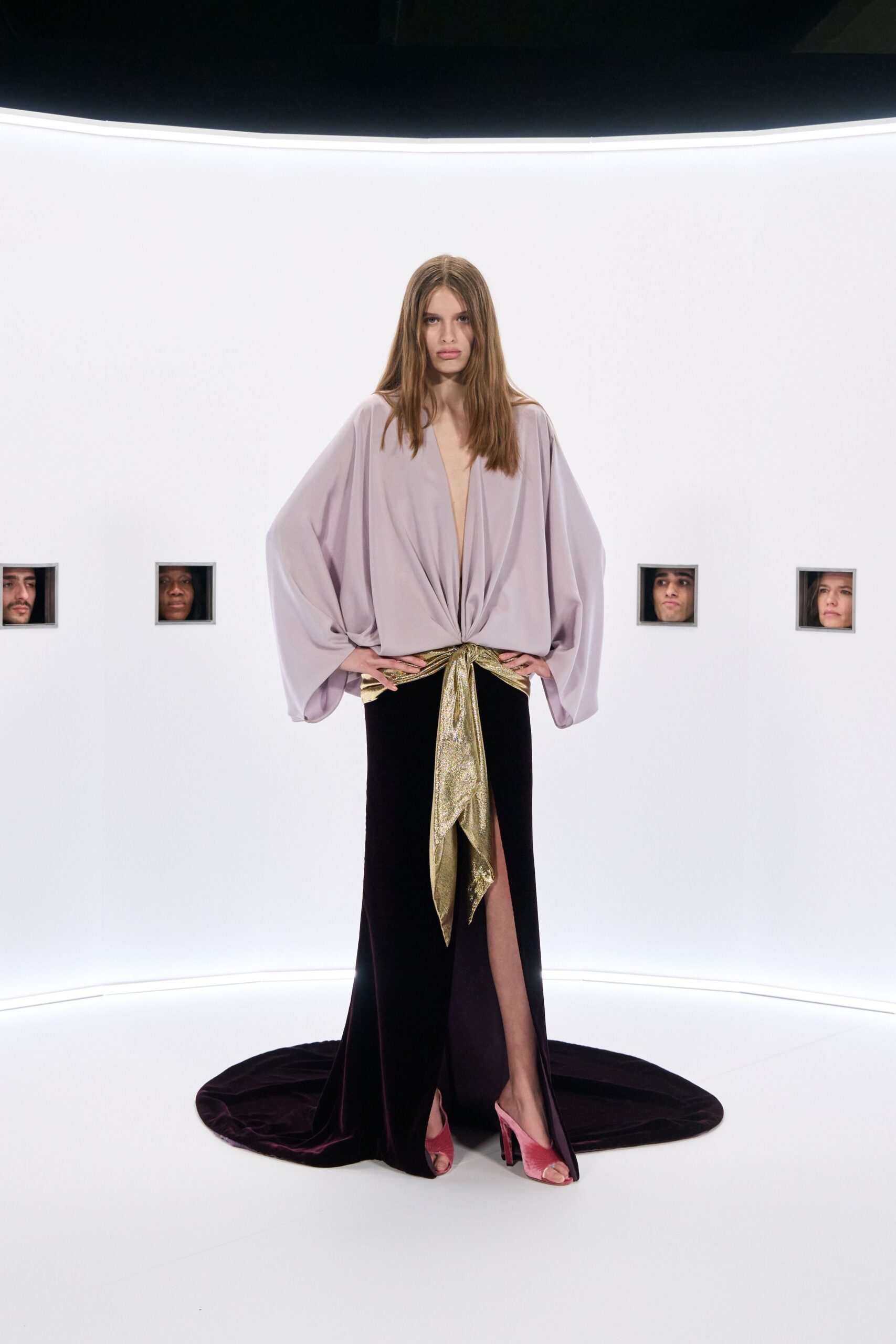 lavender velvet gown with pink shoes