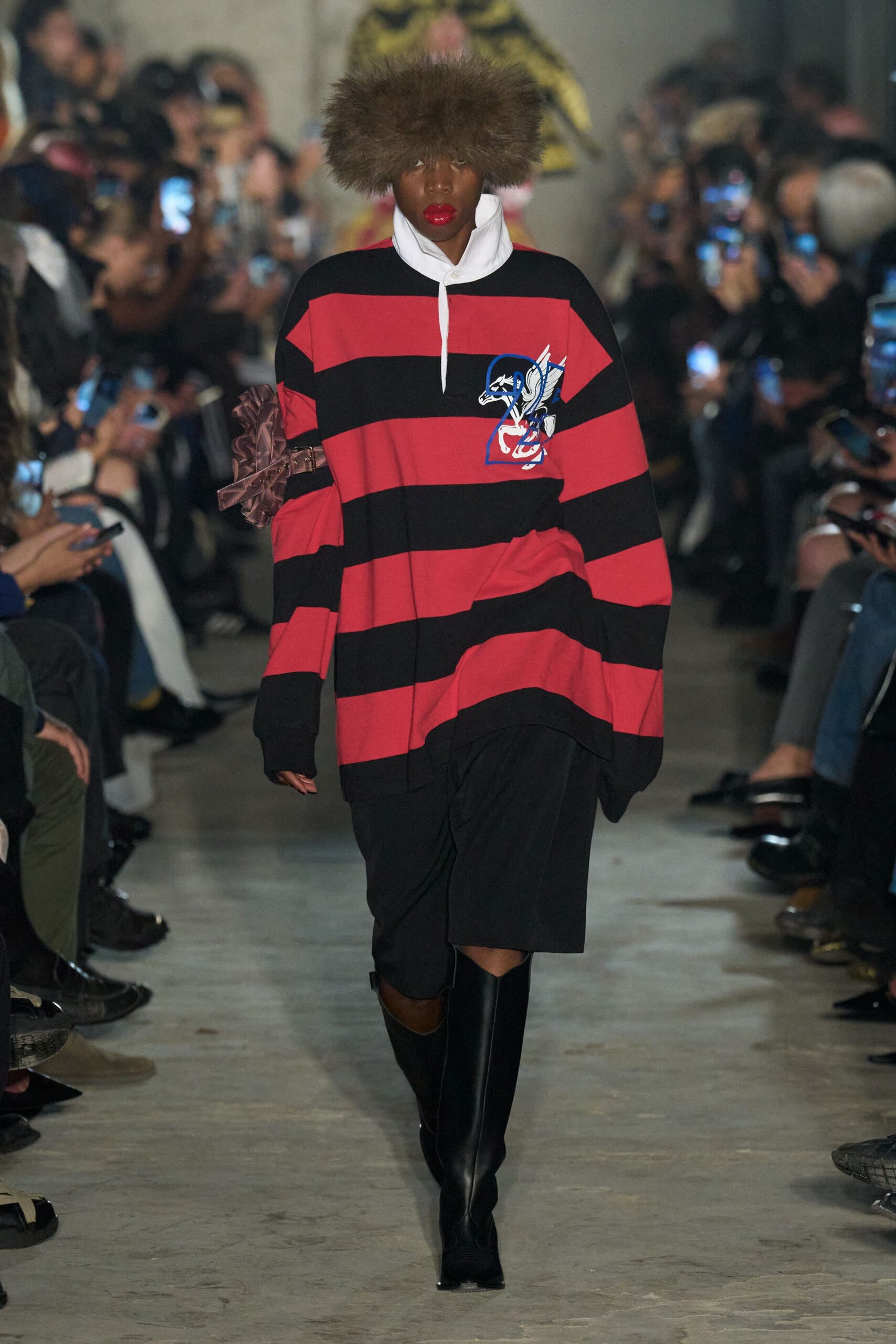 red cotton long-sleeve collared oversized striped top