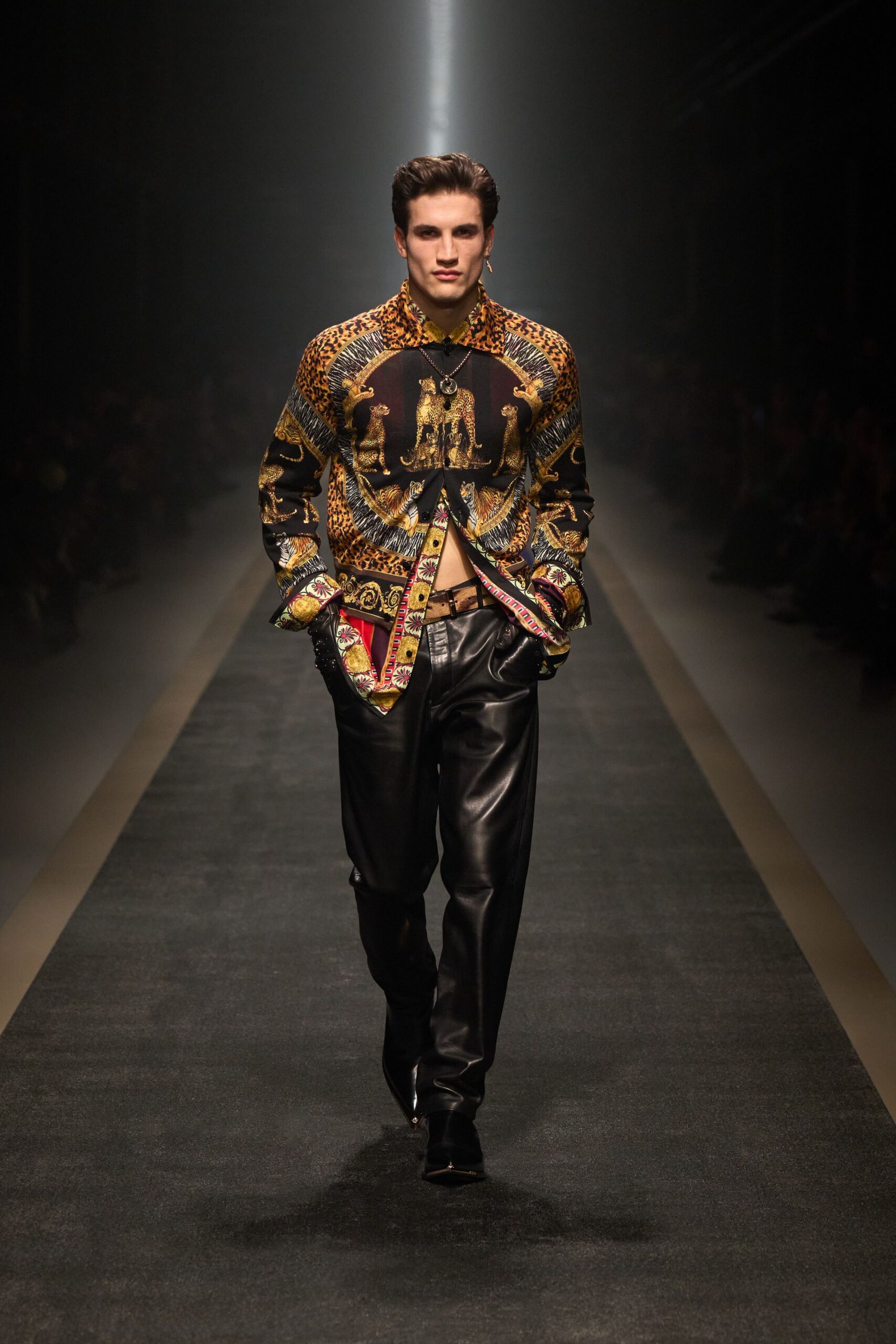 fitted black silk shirt with leather pants
