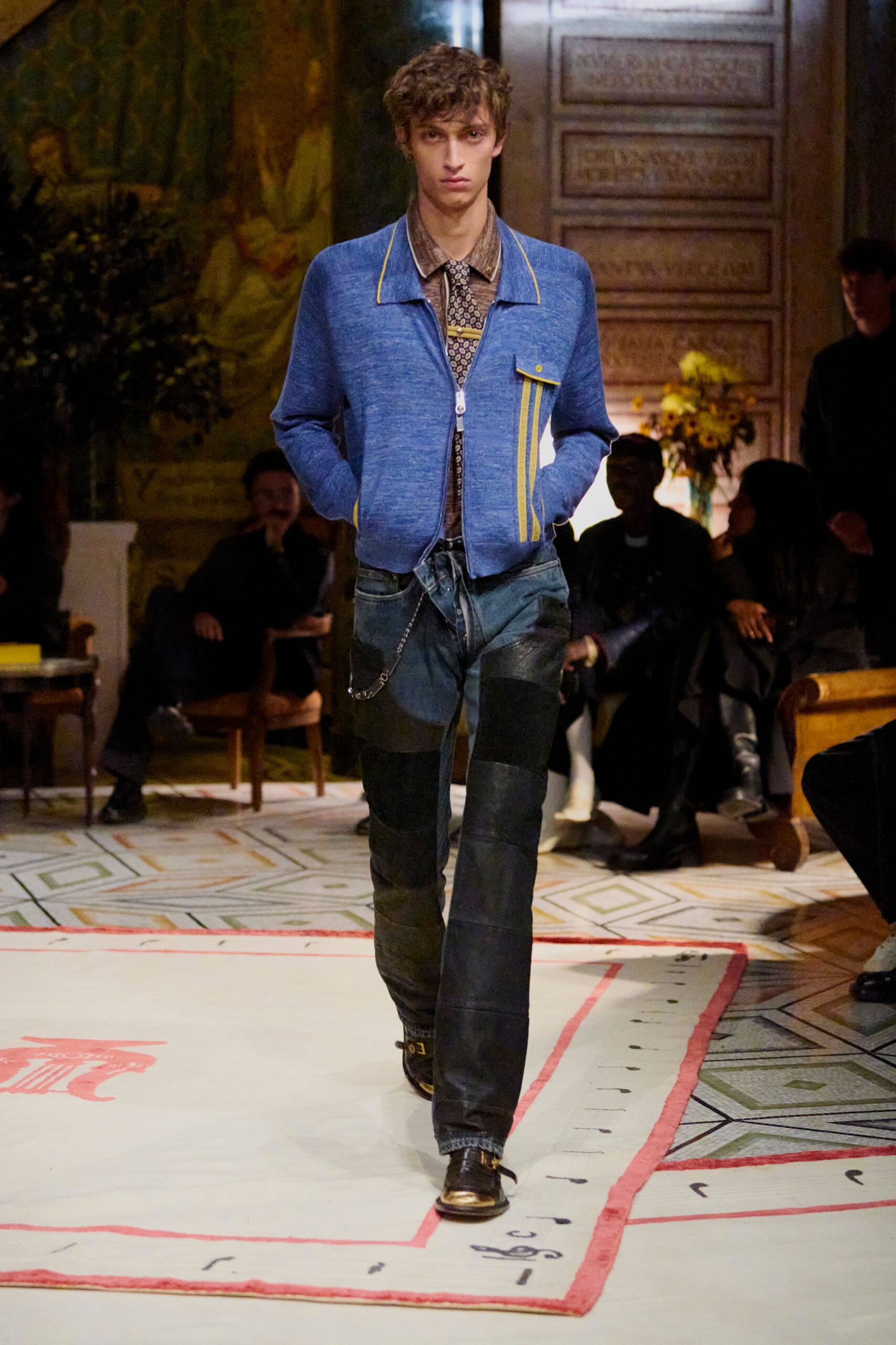 blue relaxed jacket with brown shirt