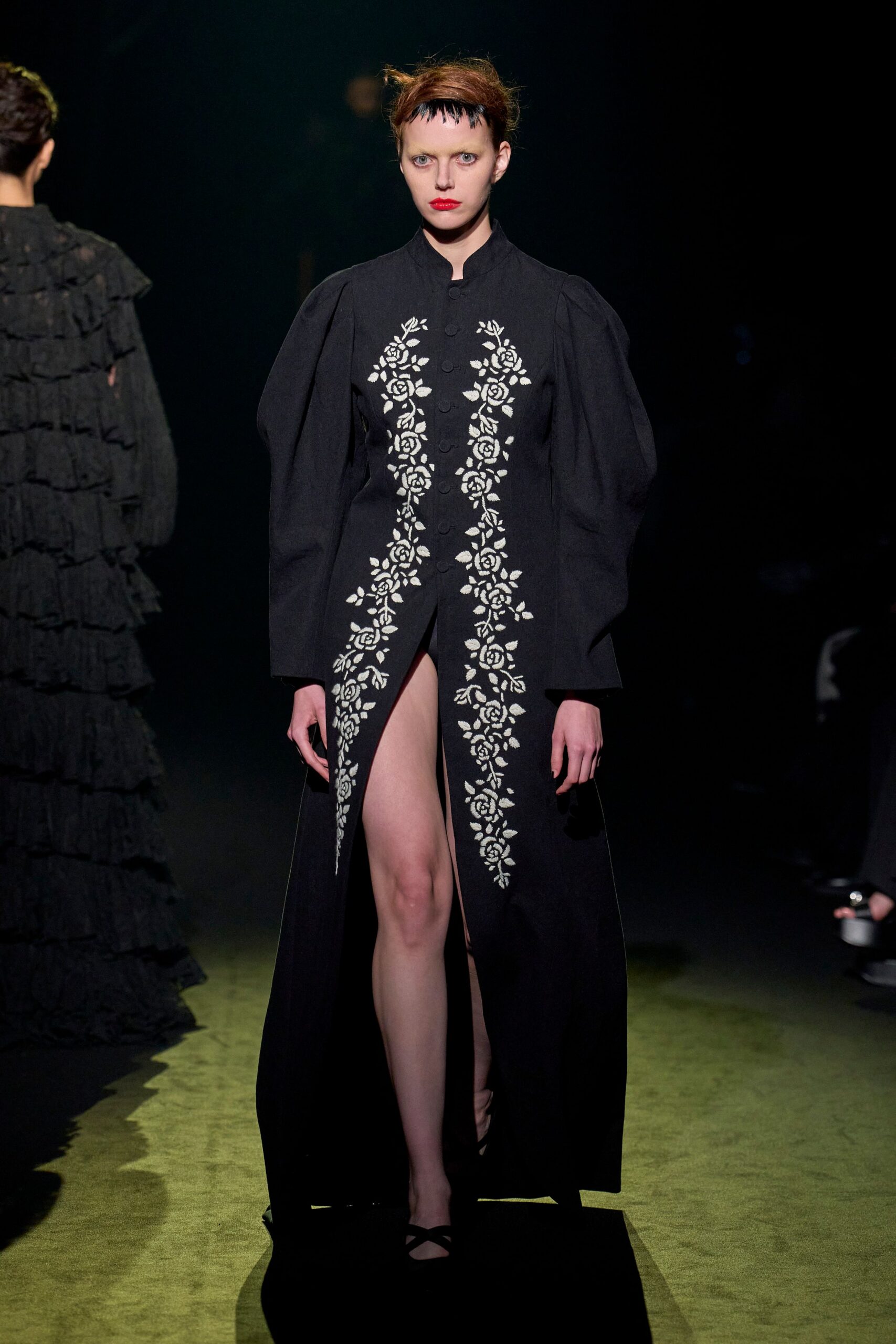 black cotton long-sleeve v-neck fitted embroidered maxi dress