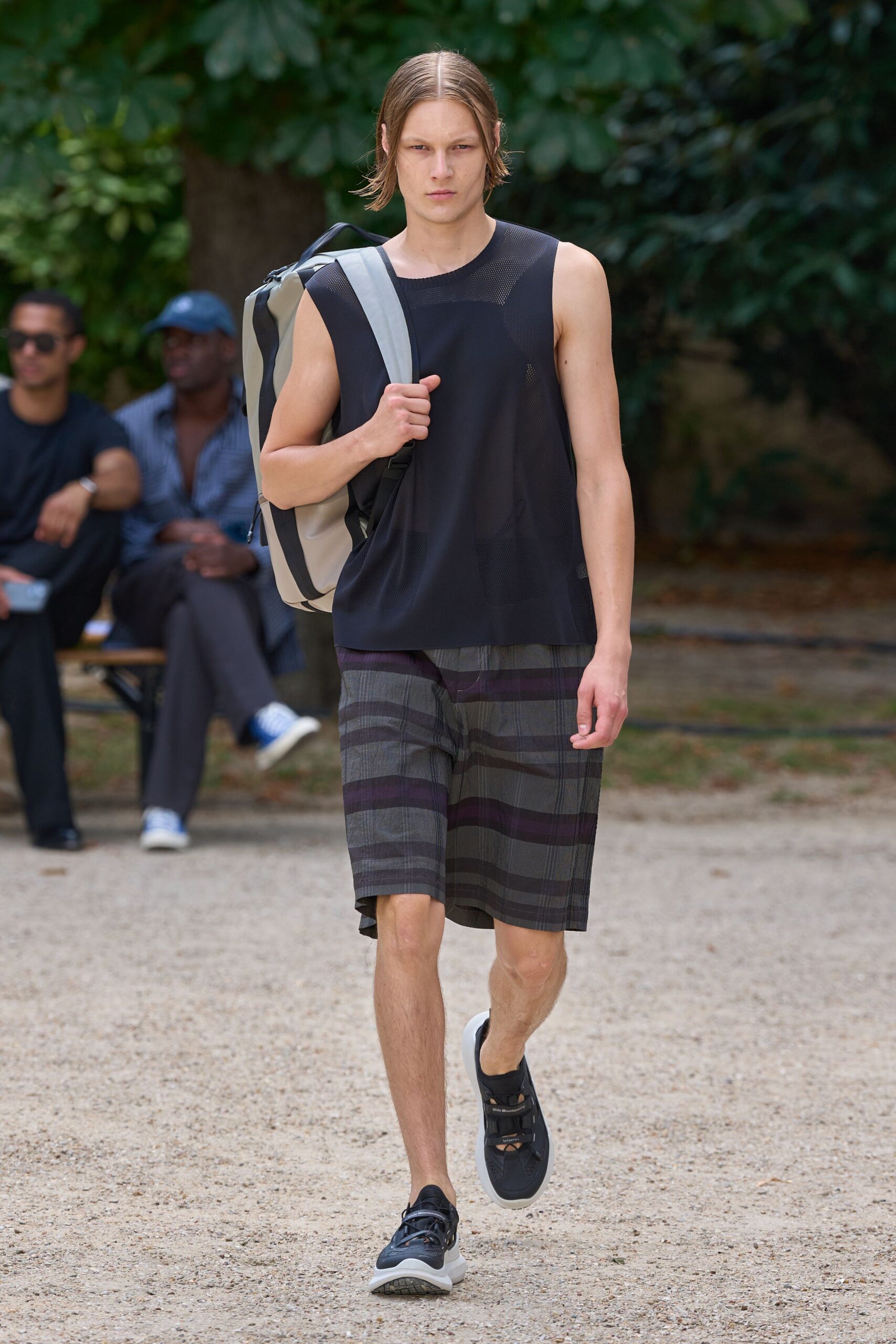 black tank-top with gray shorts