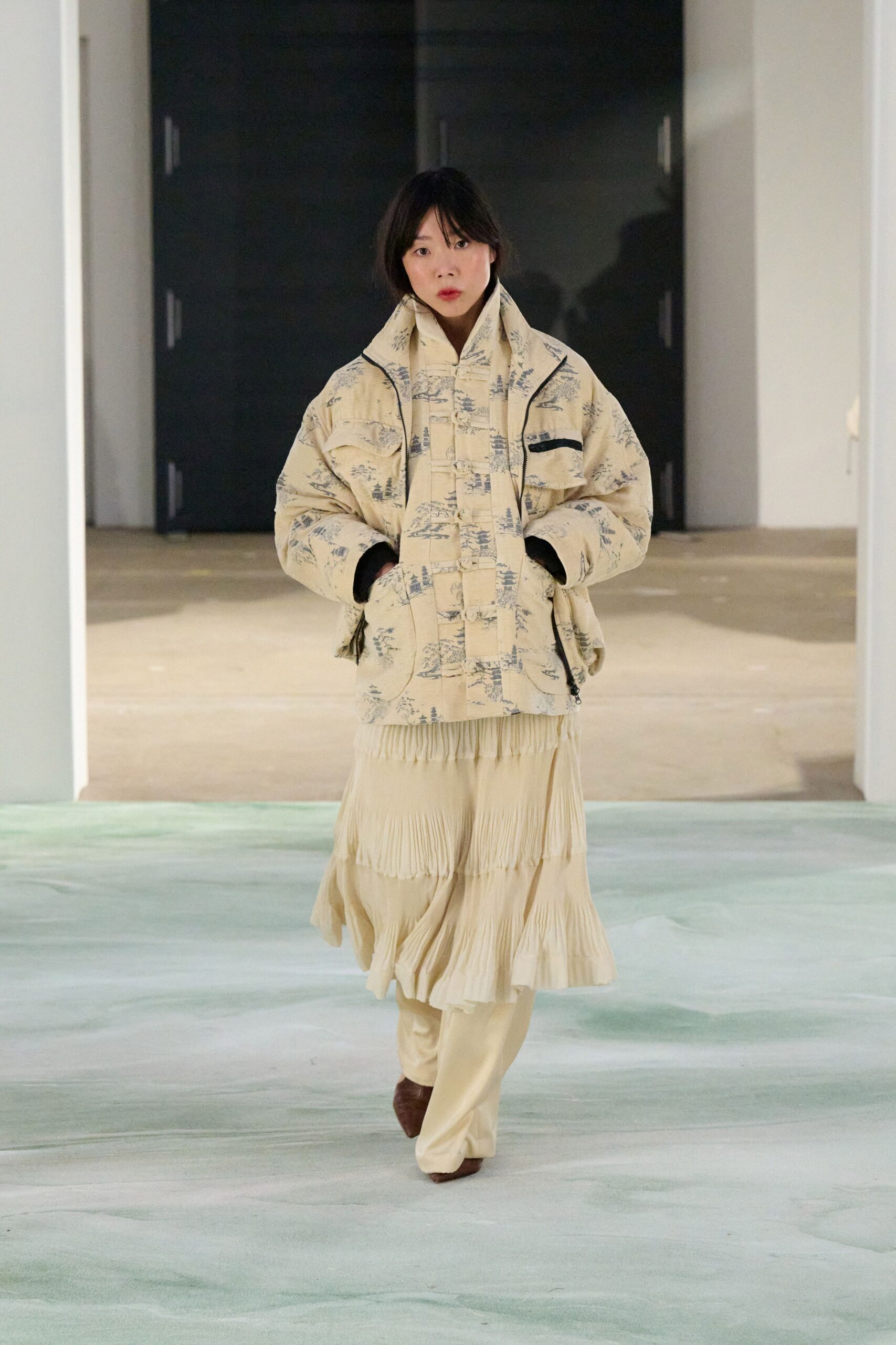beige cotton long-sleeve collared oversized printed jacket