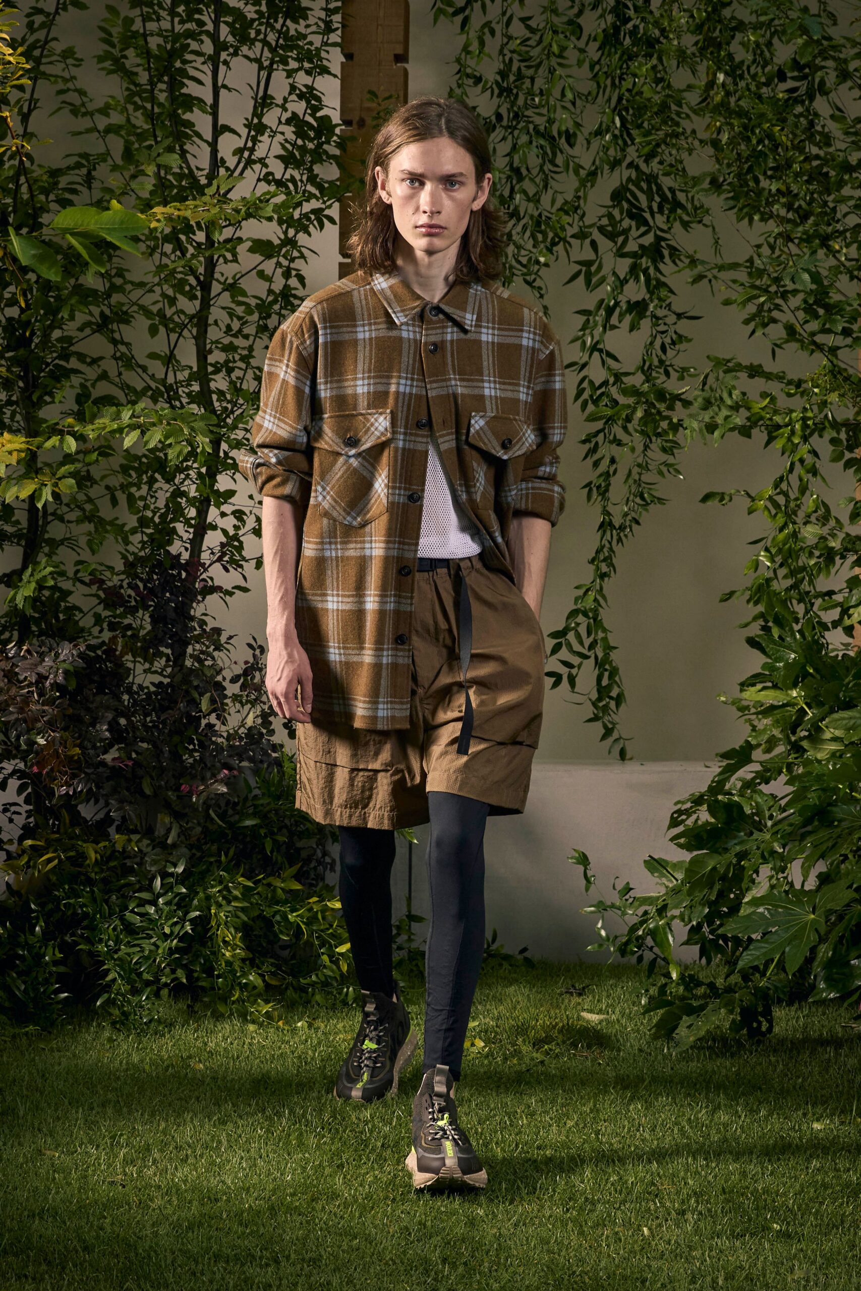 brown checked shirt with shorts