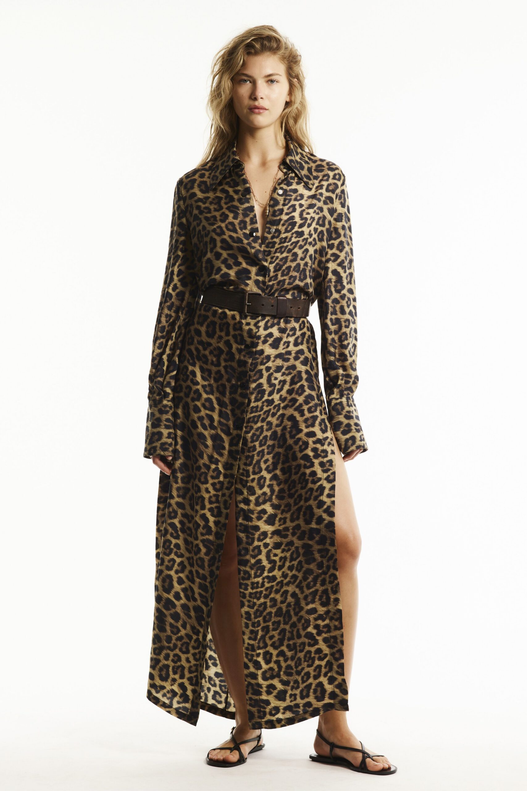 brown silk long-sleeve collared fitted animal-print buttoned shirt-dress