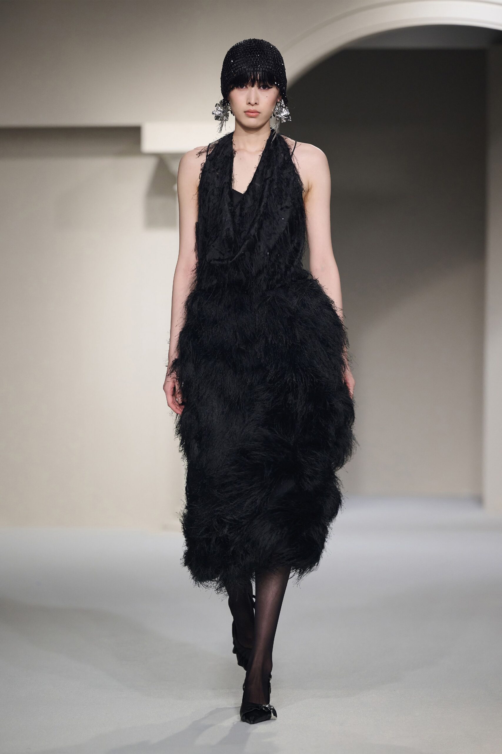black fur sleeveless v-neck fitted layered midi dress