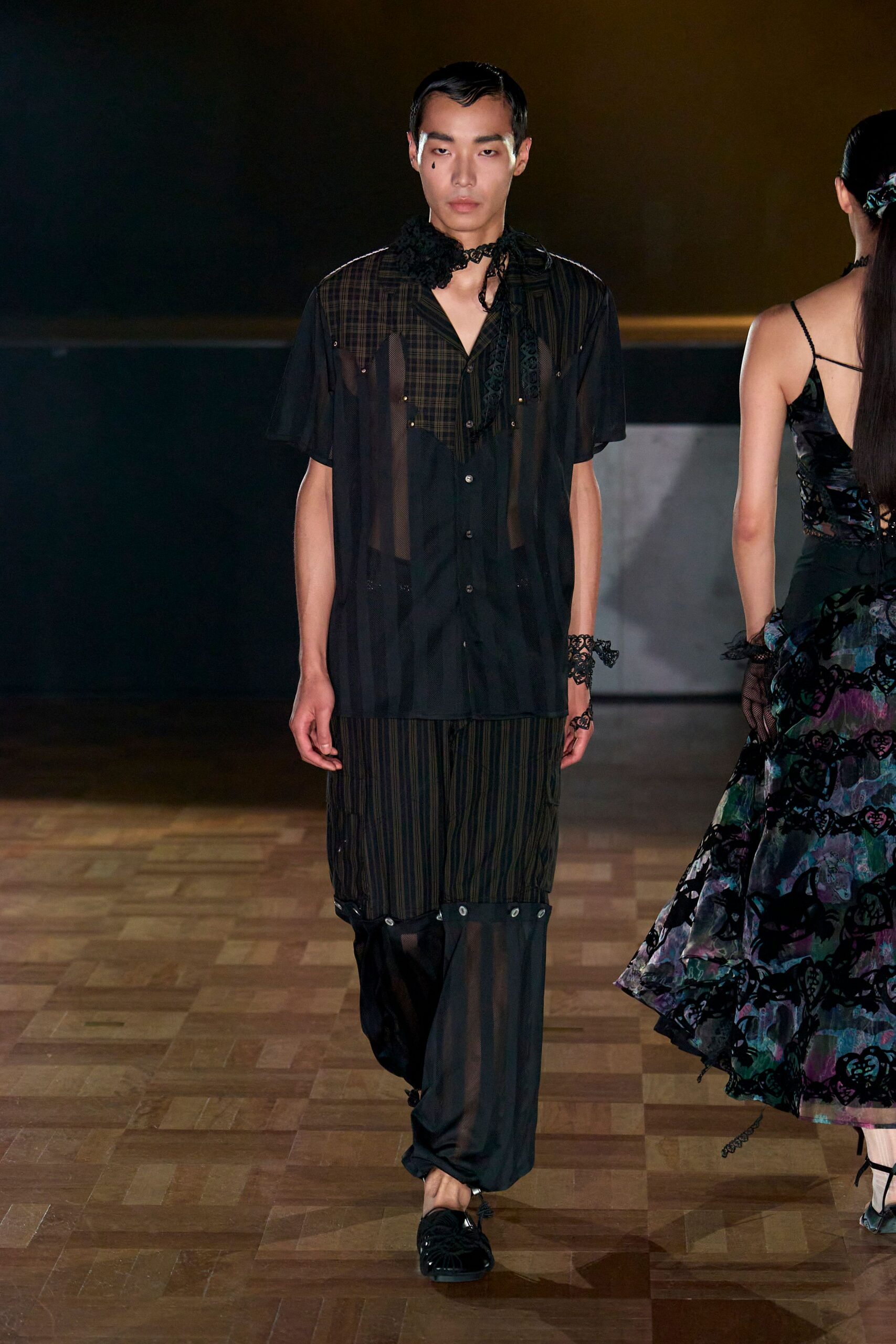 black cotton short-sleeve collared relaxed striped sheer shirt