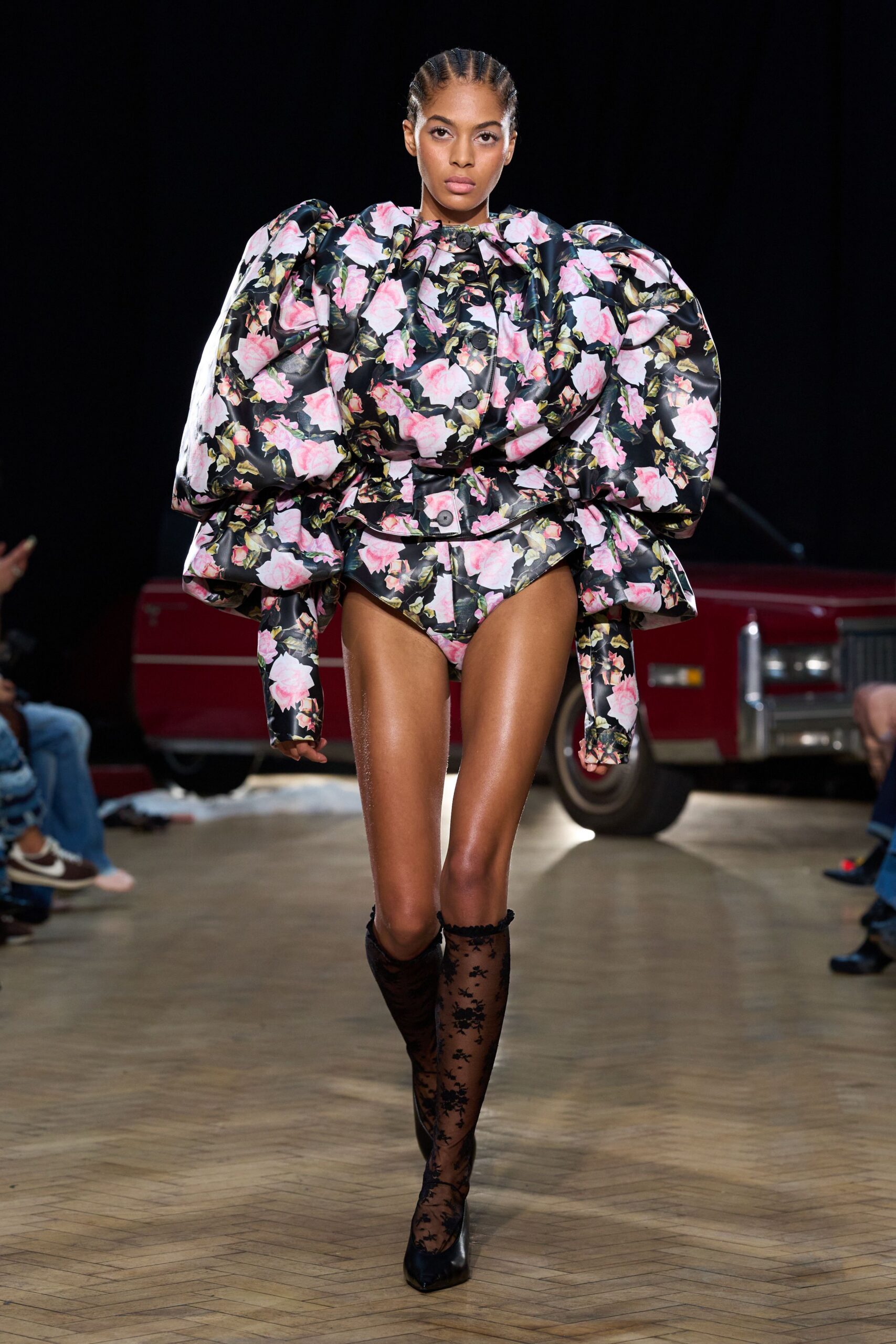 black silk long-sleeve high-neck fitted floral padded dress