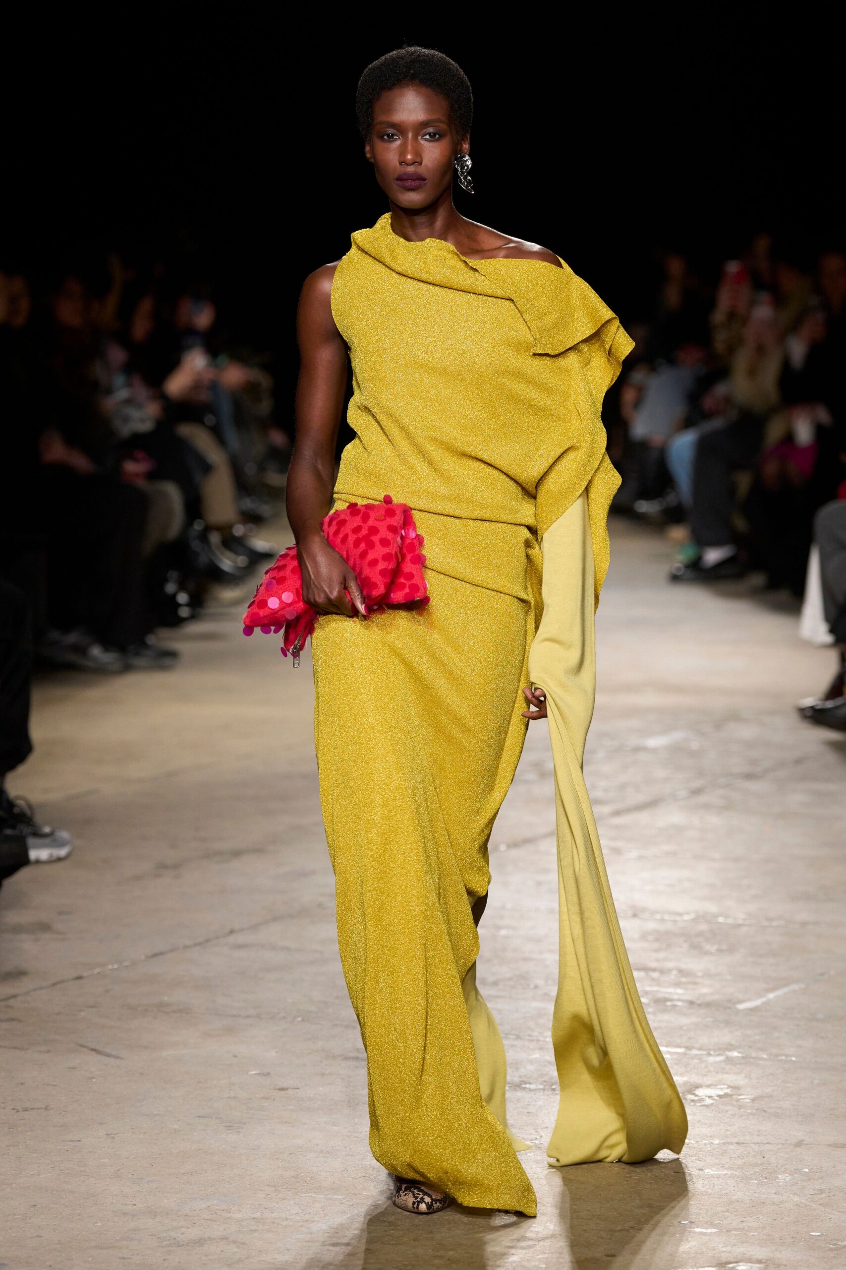 yellow silk long-sleeve off-shoulder fitted draped flowing gown