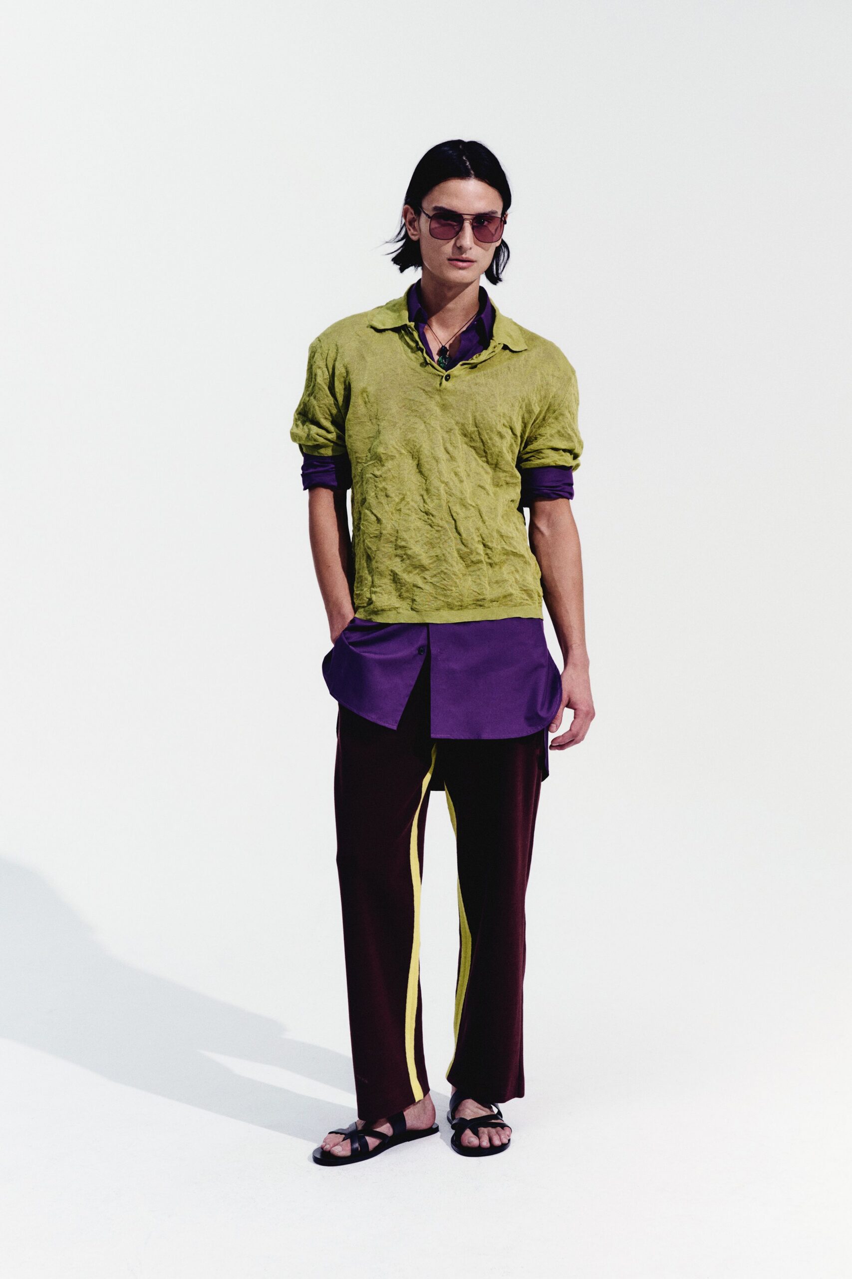 purple cotton short-sleeve collared fitted shirt