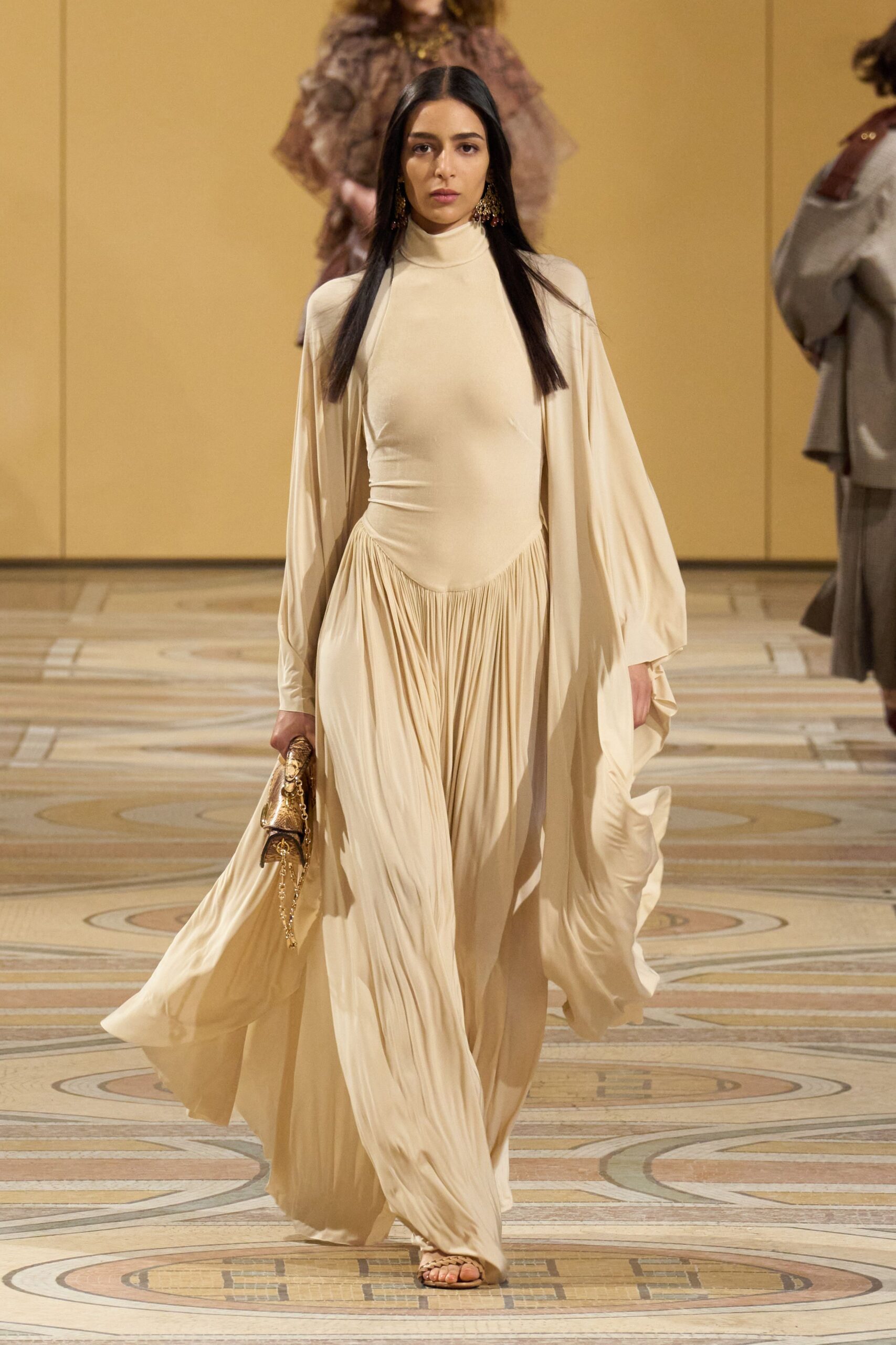 beige silk long-sleeve relaxed flowing cape