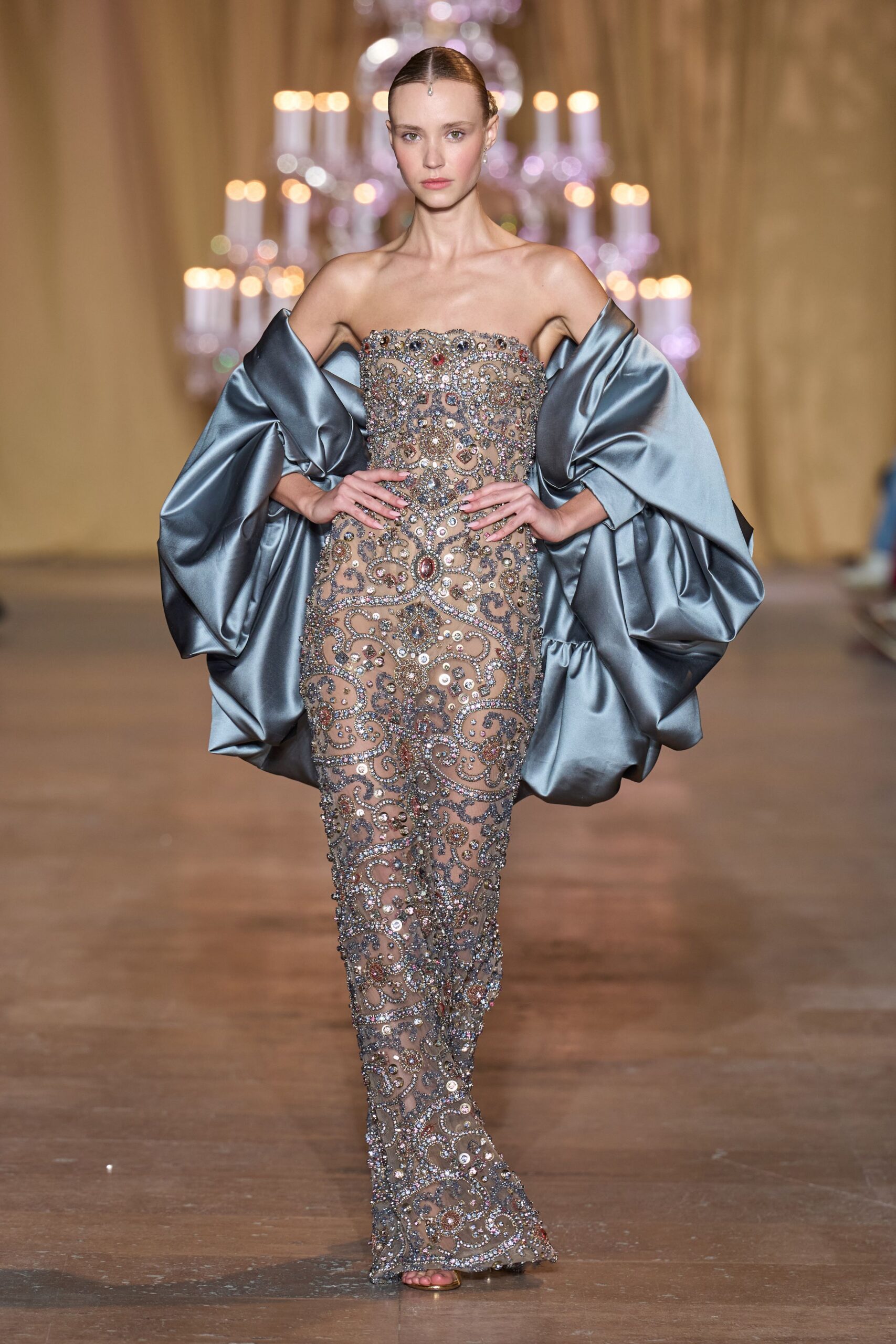 gray silk strapless fitted beaded embellished sheer gown