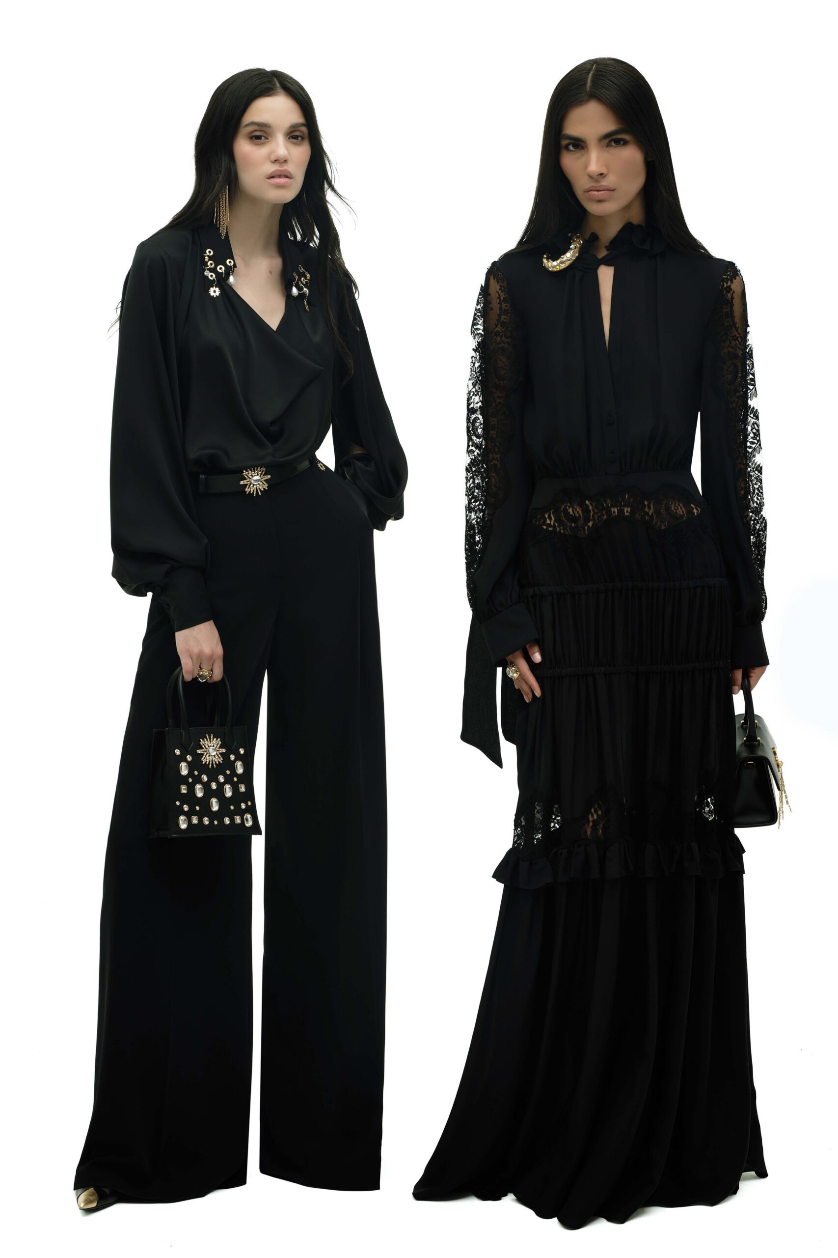 black silk long-sleeve collared relaxed buttoned blouse