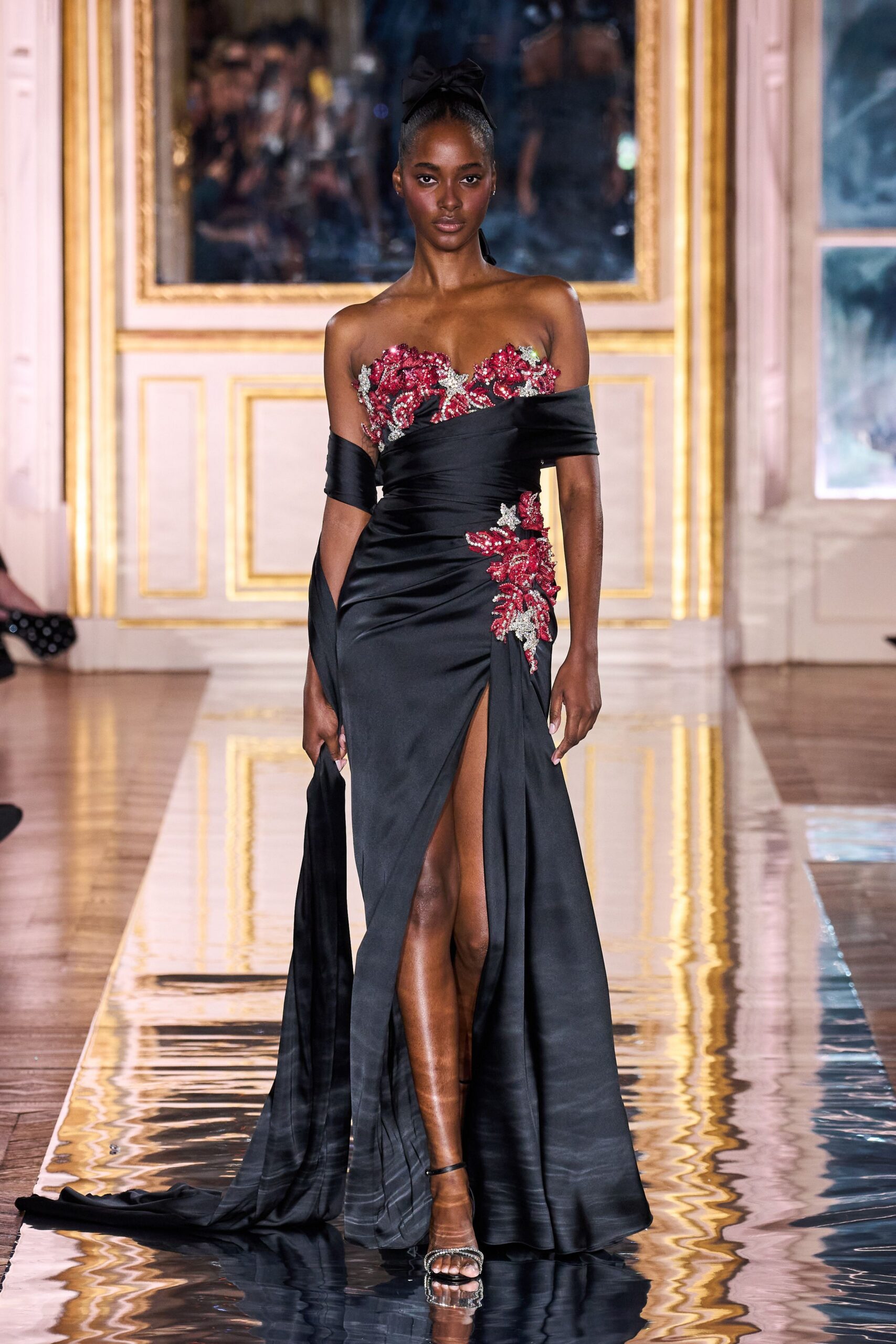 black silk embroidered gown