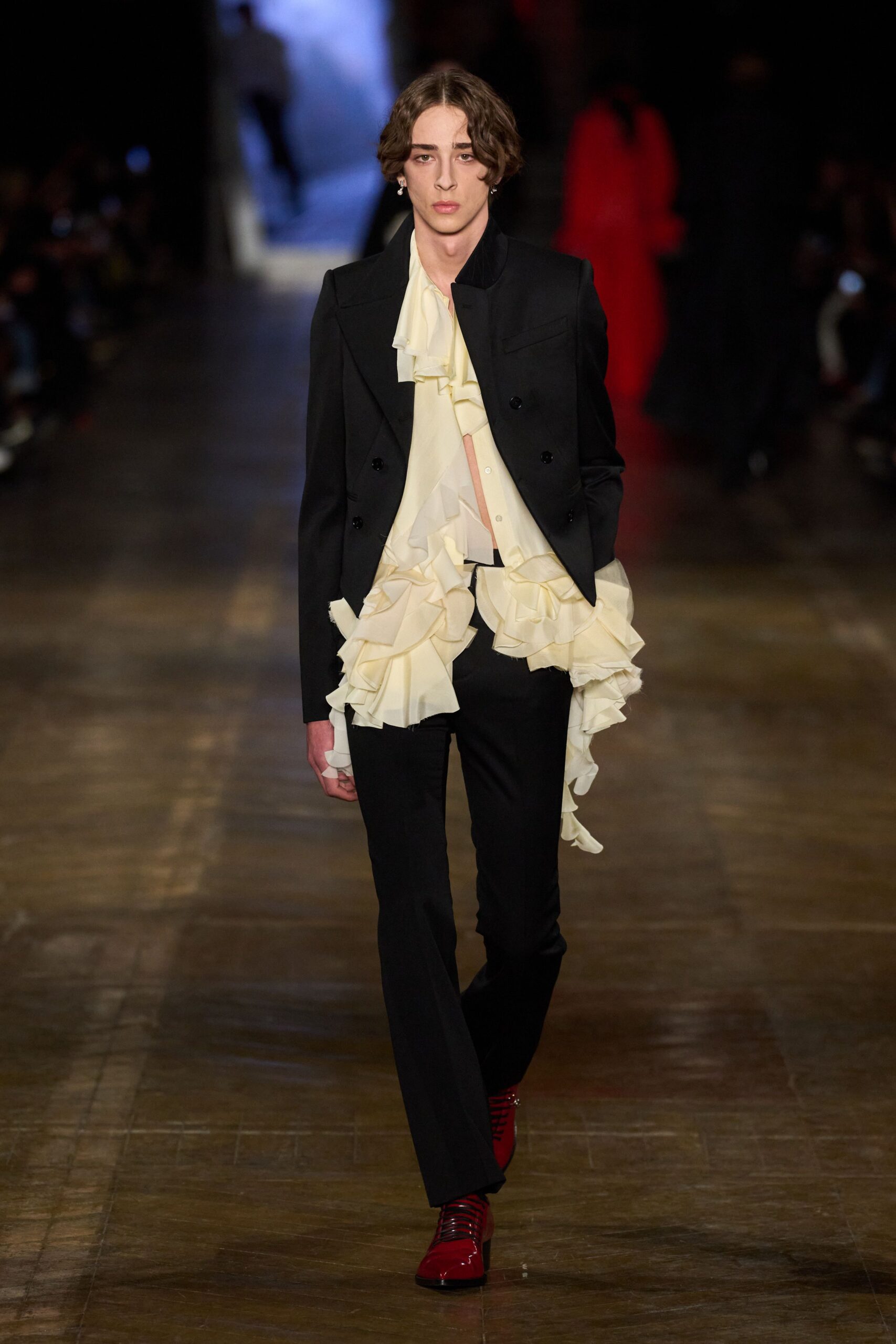 white silk long-sleeve v-neck relaxed ruffled shirt