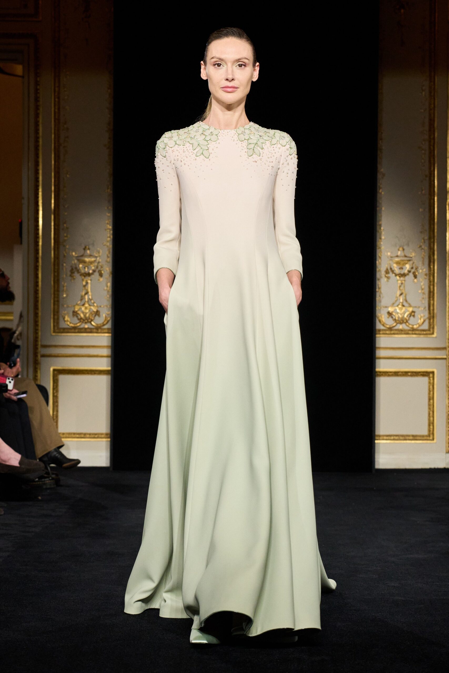 green ivory embroidered gown