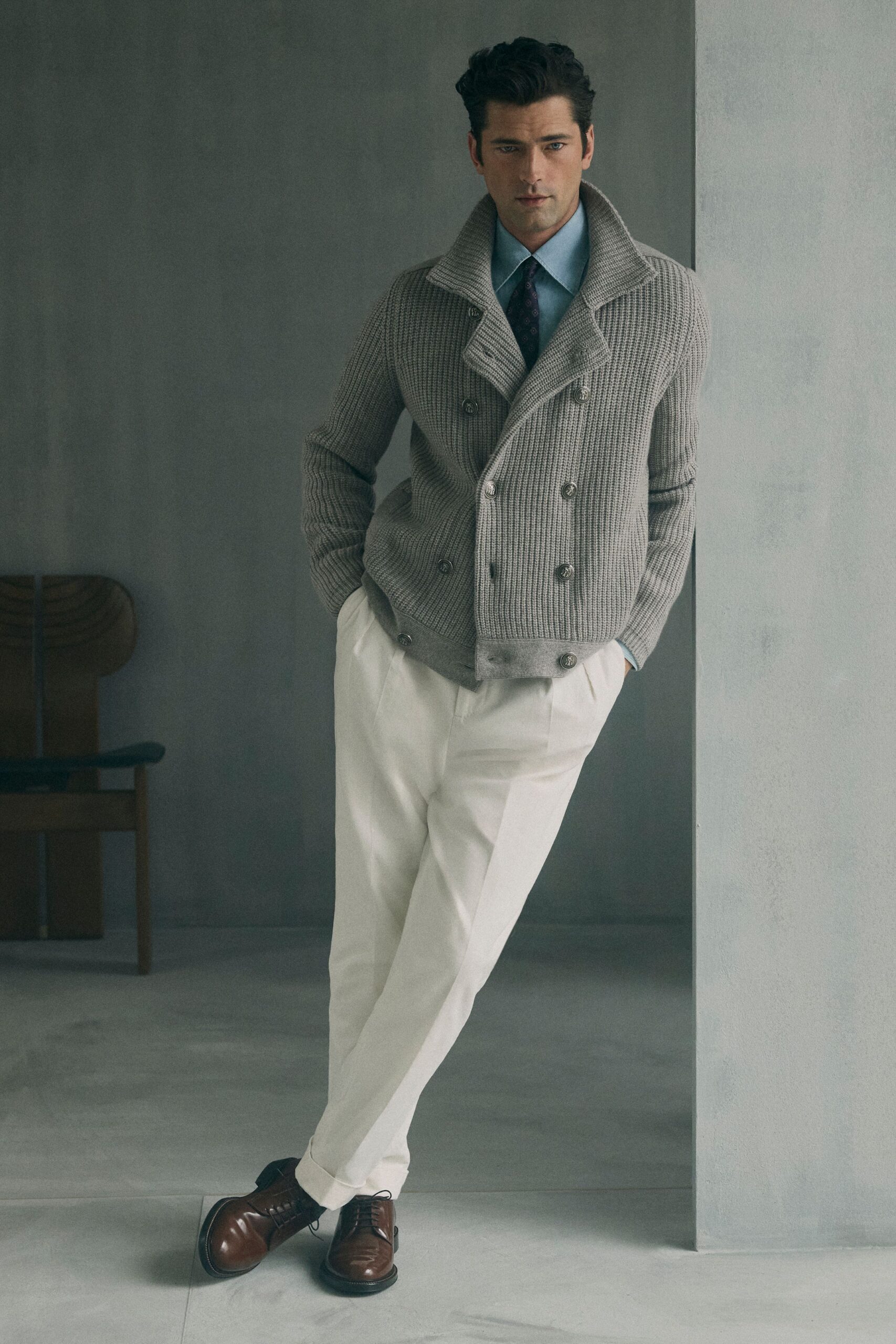 gray wool long-sleeve collared fitted ribbed sweater