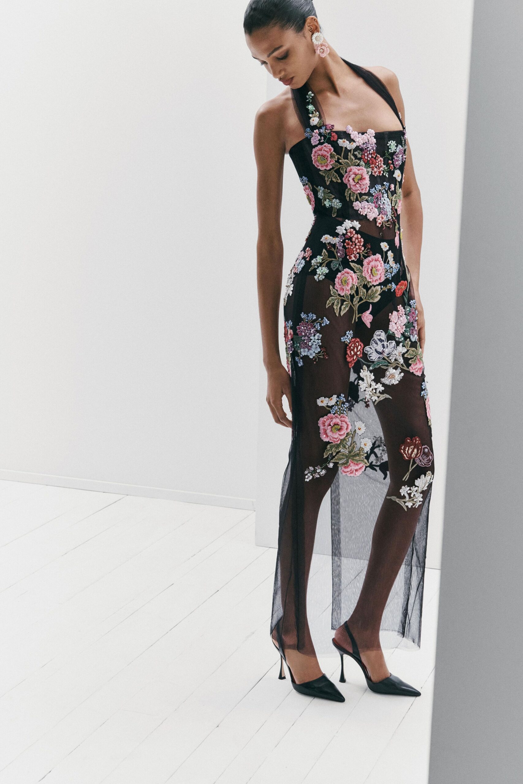 black lace sleeveless halter fitted floral embroidered dress