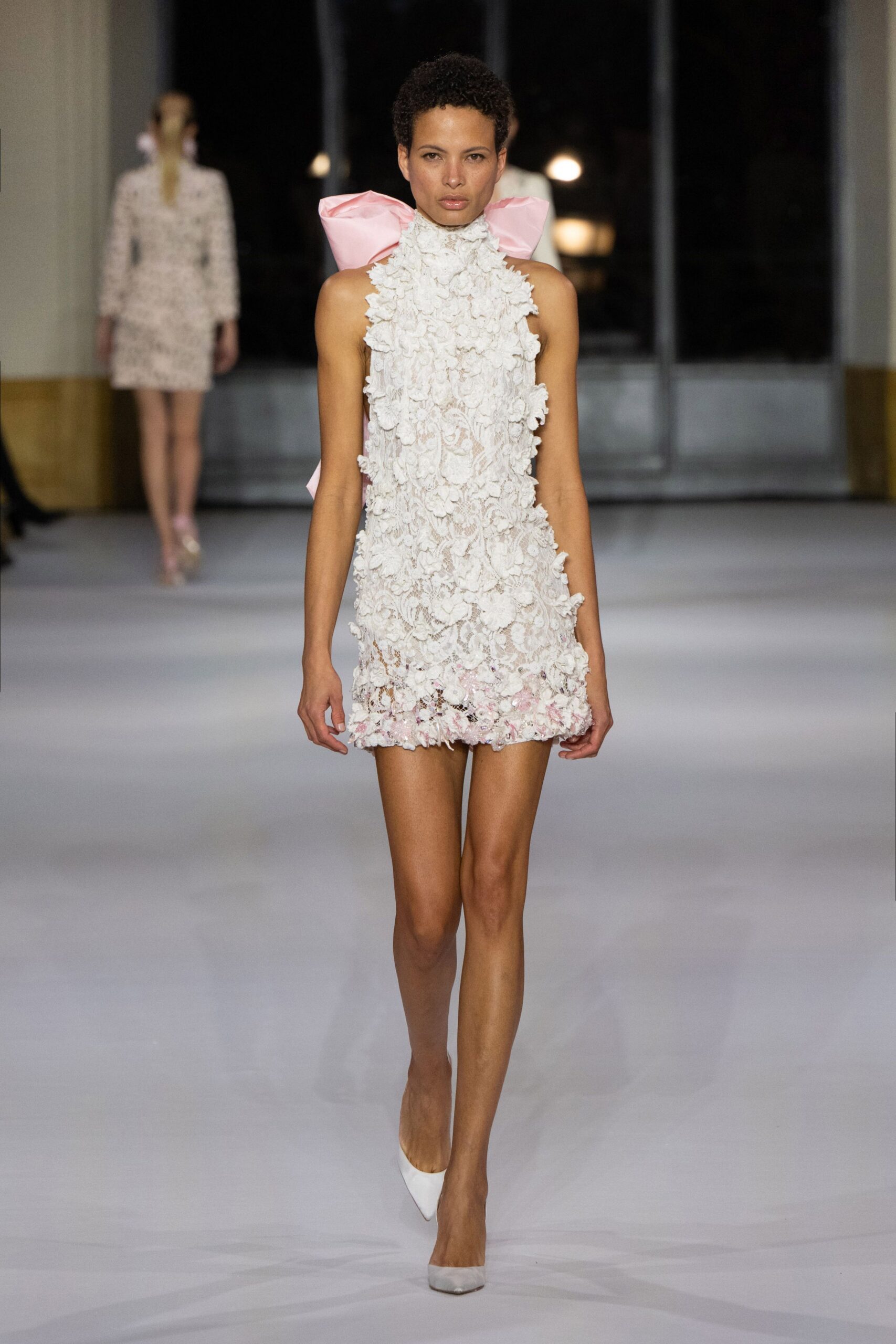 white and pink ruffled mini-dress