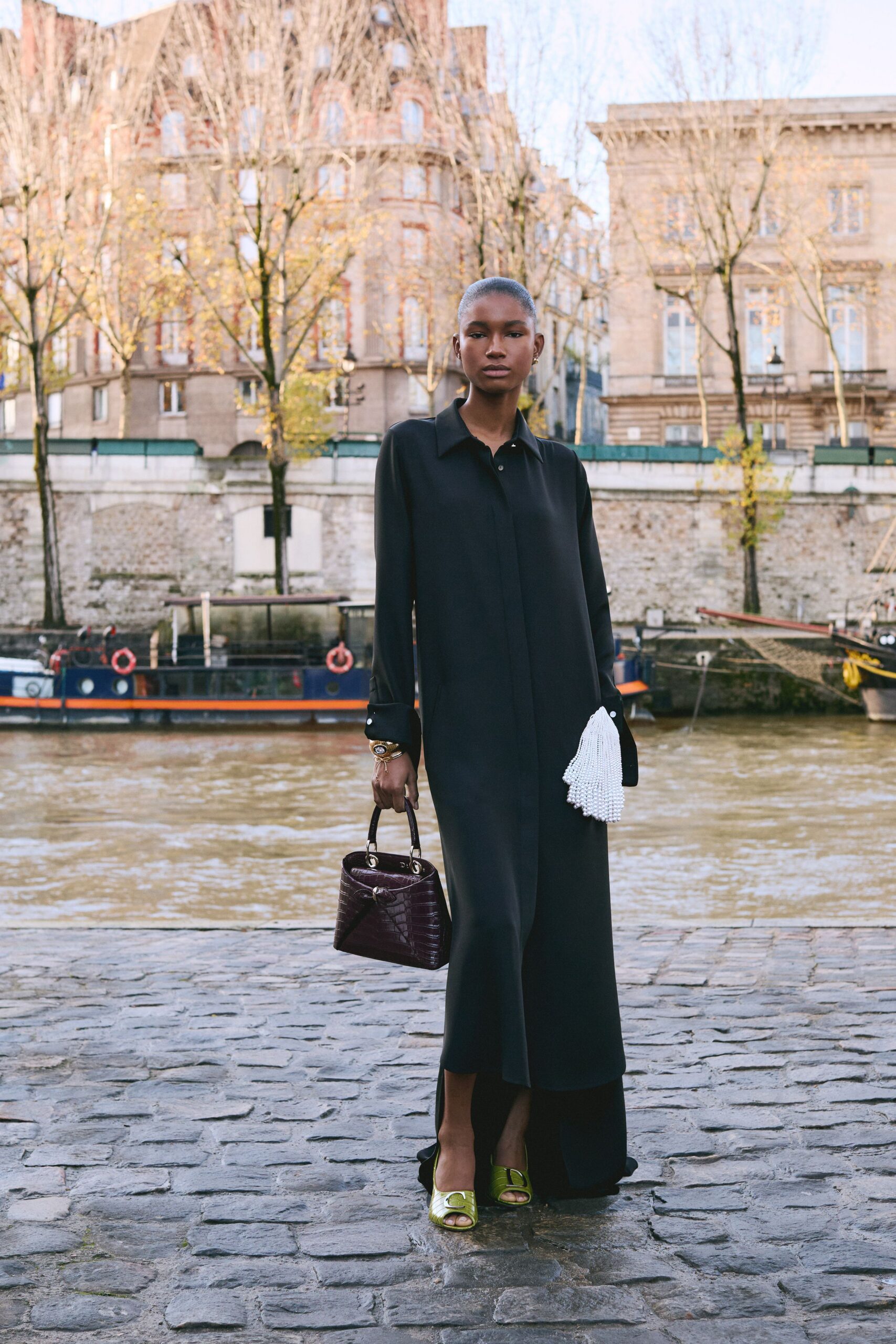 black silk long-sleeve dress
