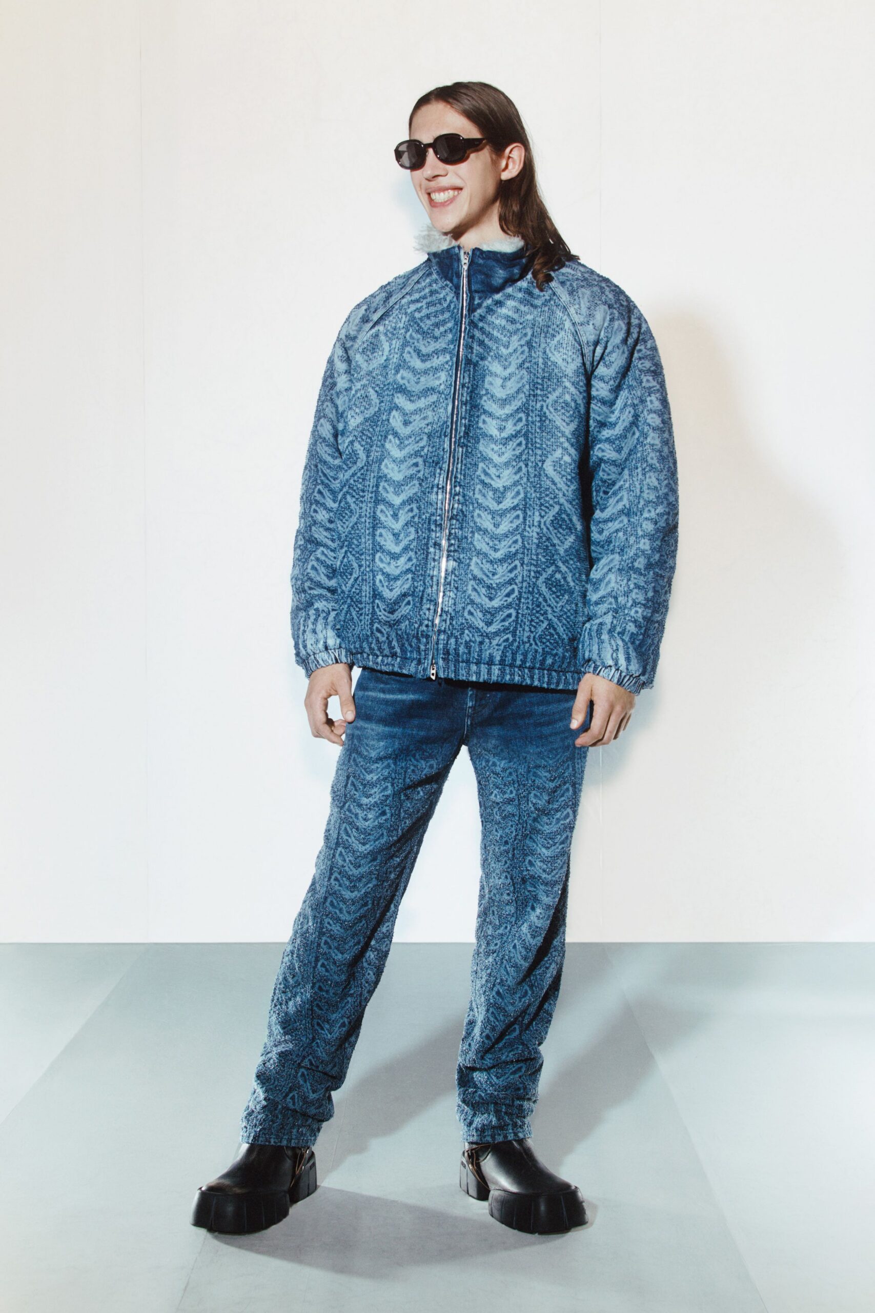 blue denim long-sleeve collared relaxed zippered printed jacket