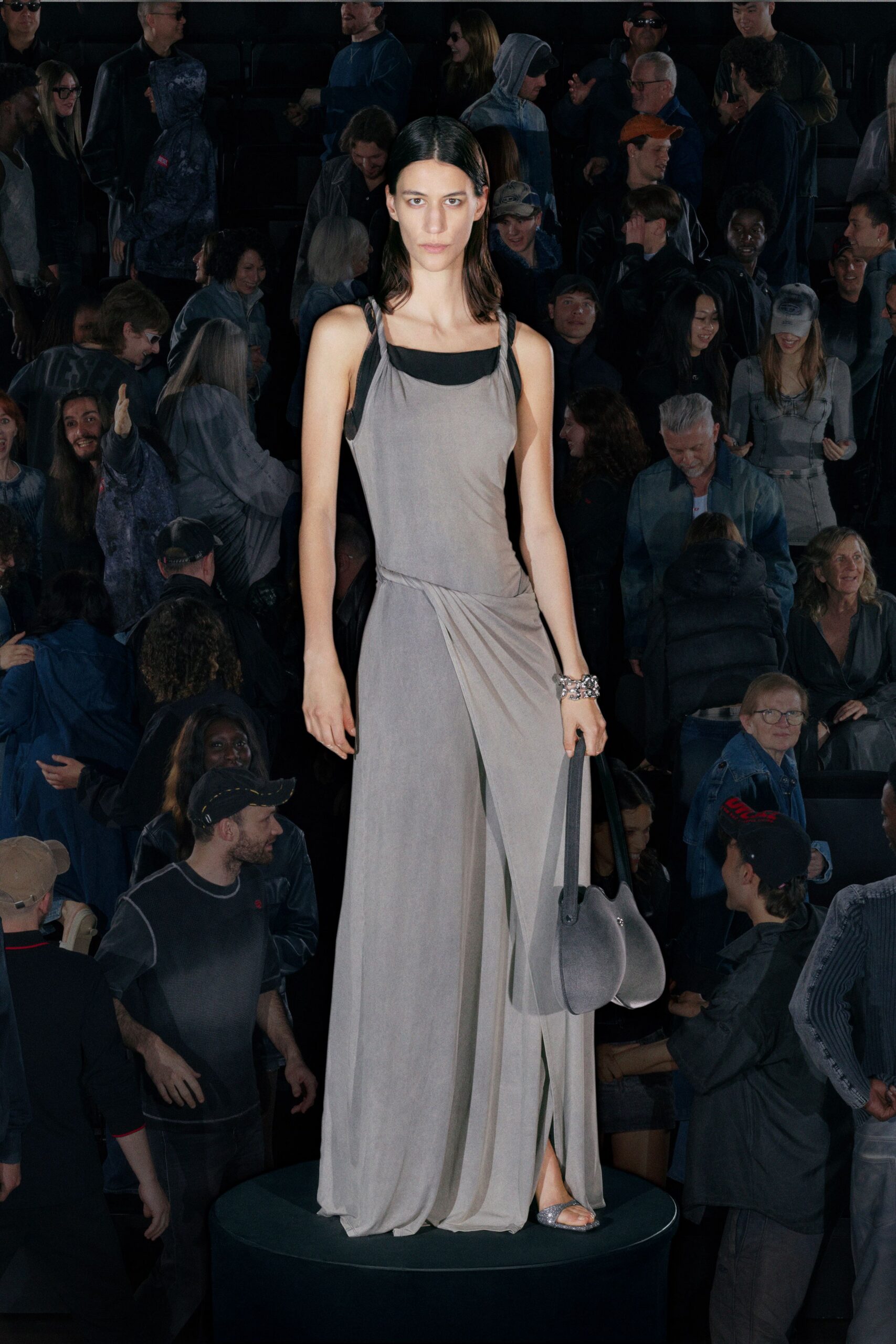 gray silk sleeveless v-neck fitted draped flowing gown