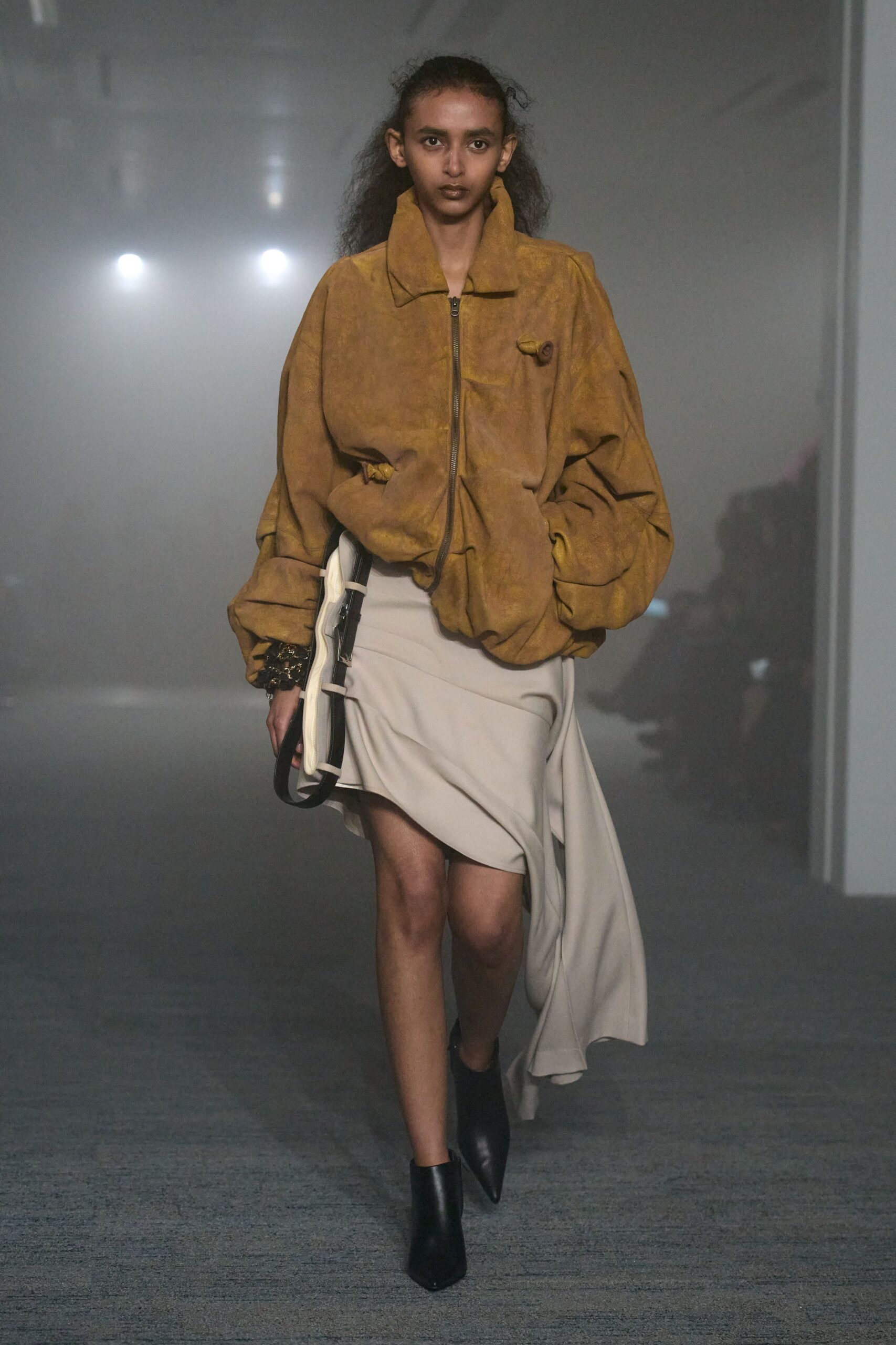 brown suede long-sleeve collared oversized jacket