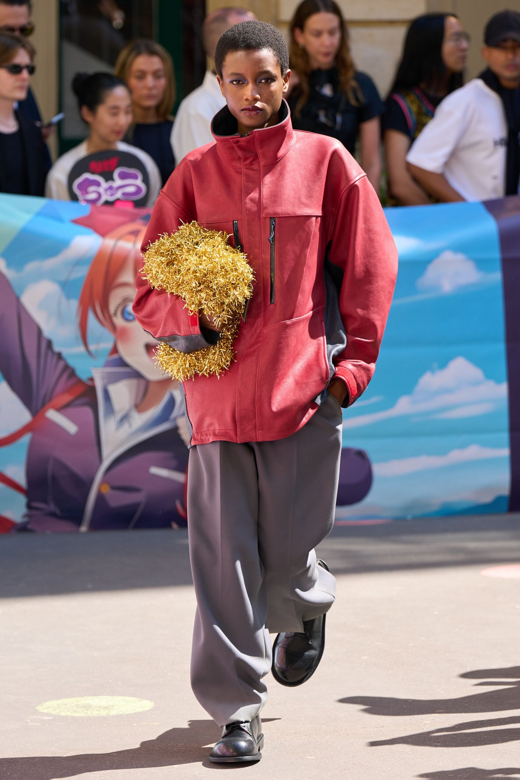oversized red jacket with gray pants