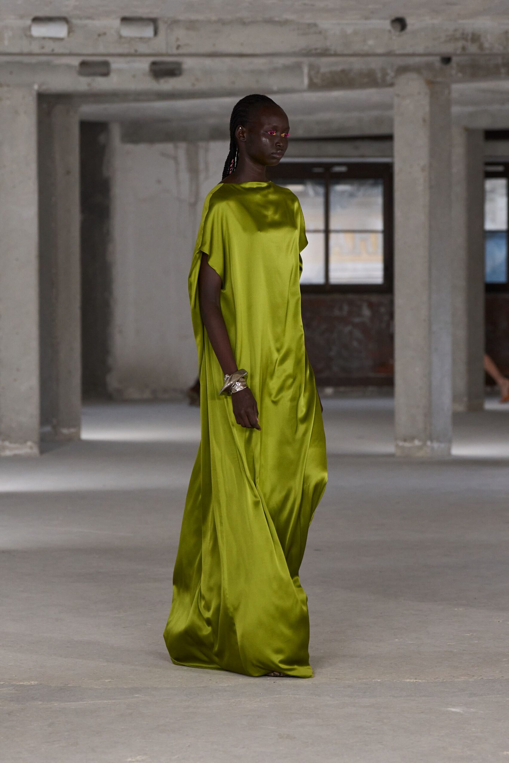 green silk sleeveless gown