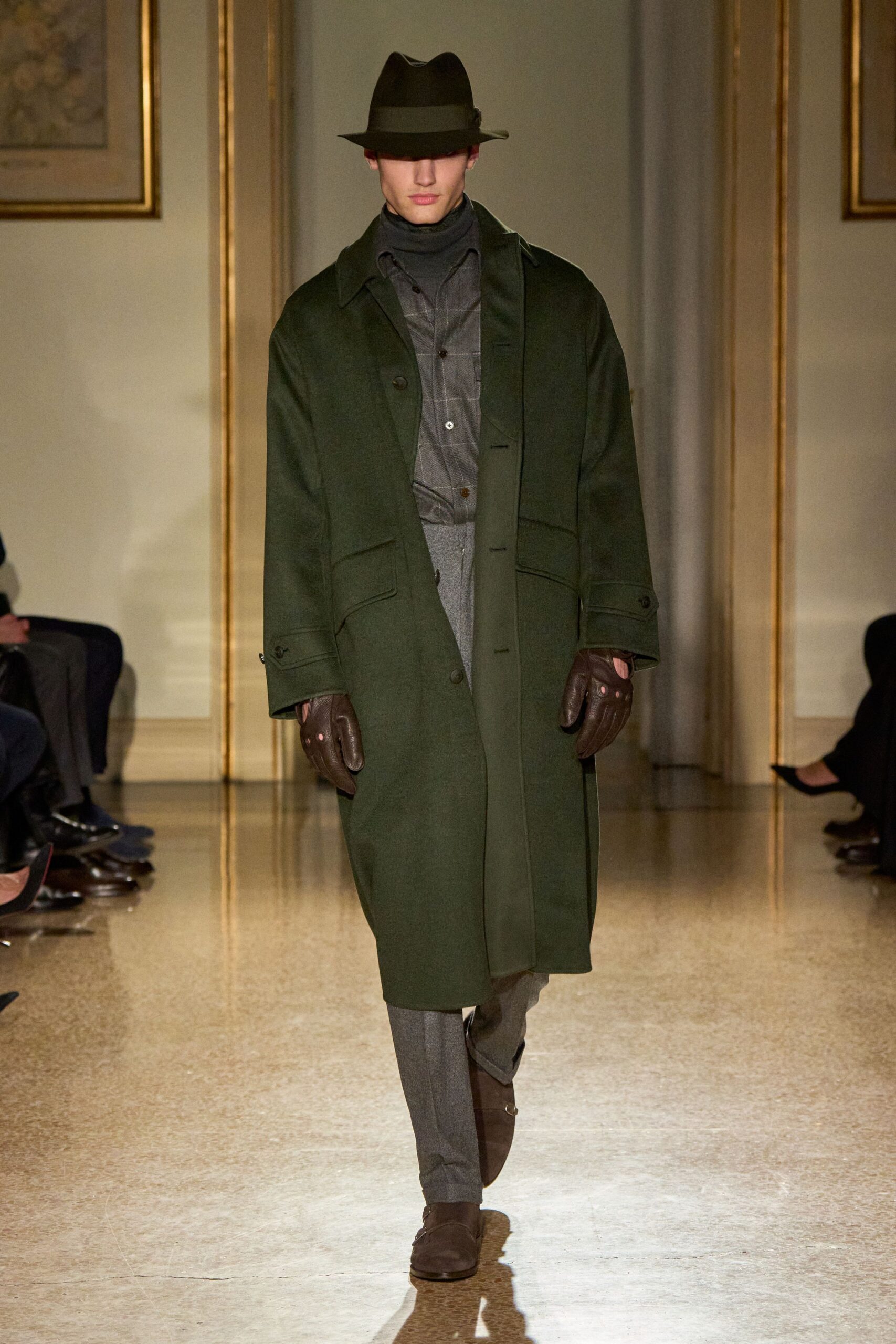 green wool coat with gray shirt and pants