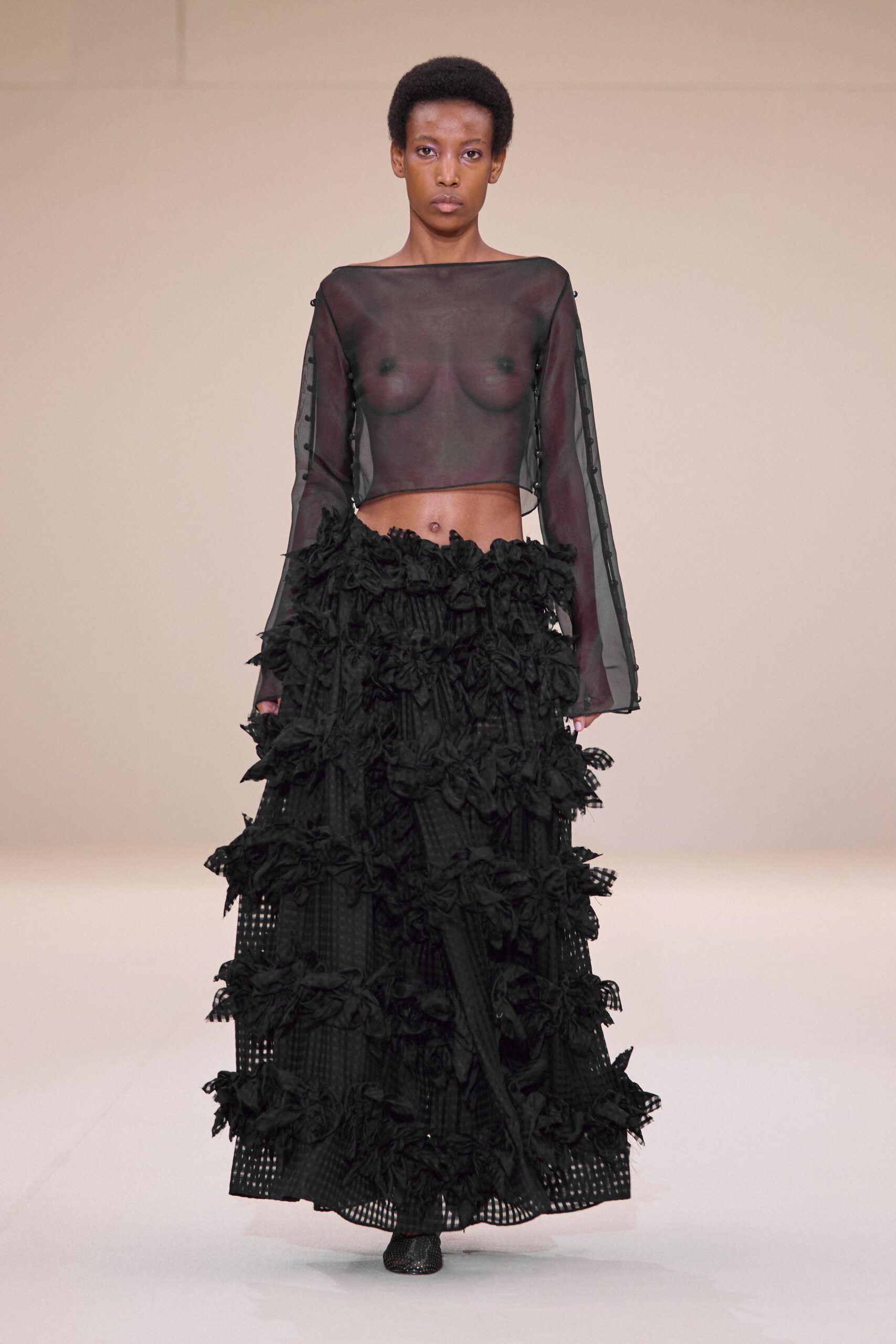 black chiffon long-sleeve sleeveless fitted ruffled sheer top