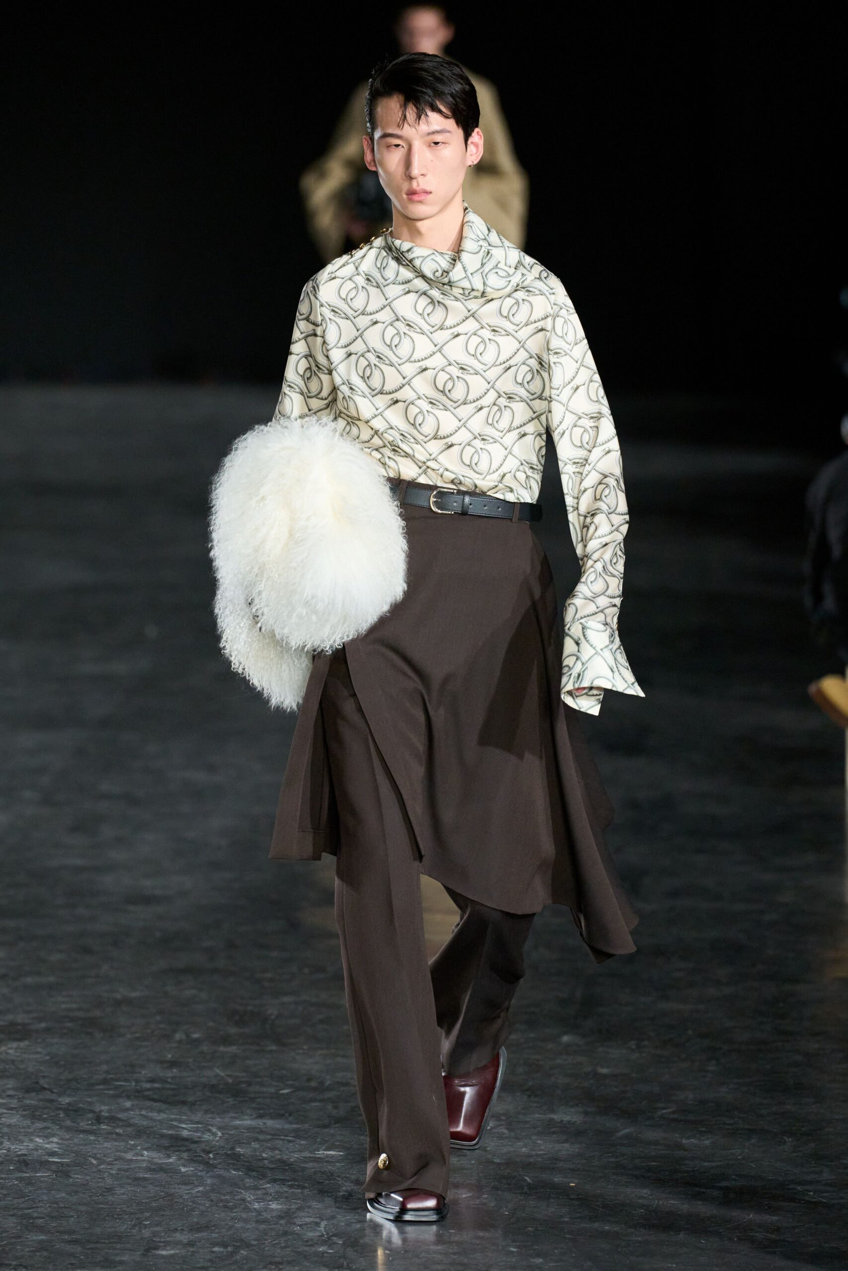 brown wool asymmetric relaxed pleated pants