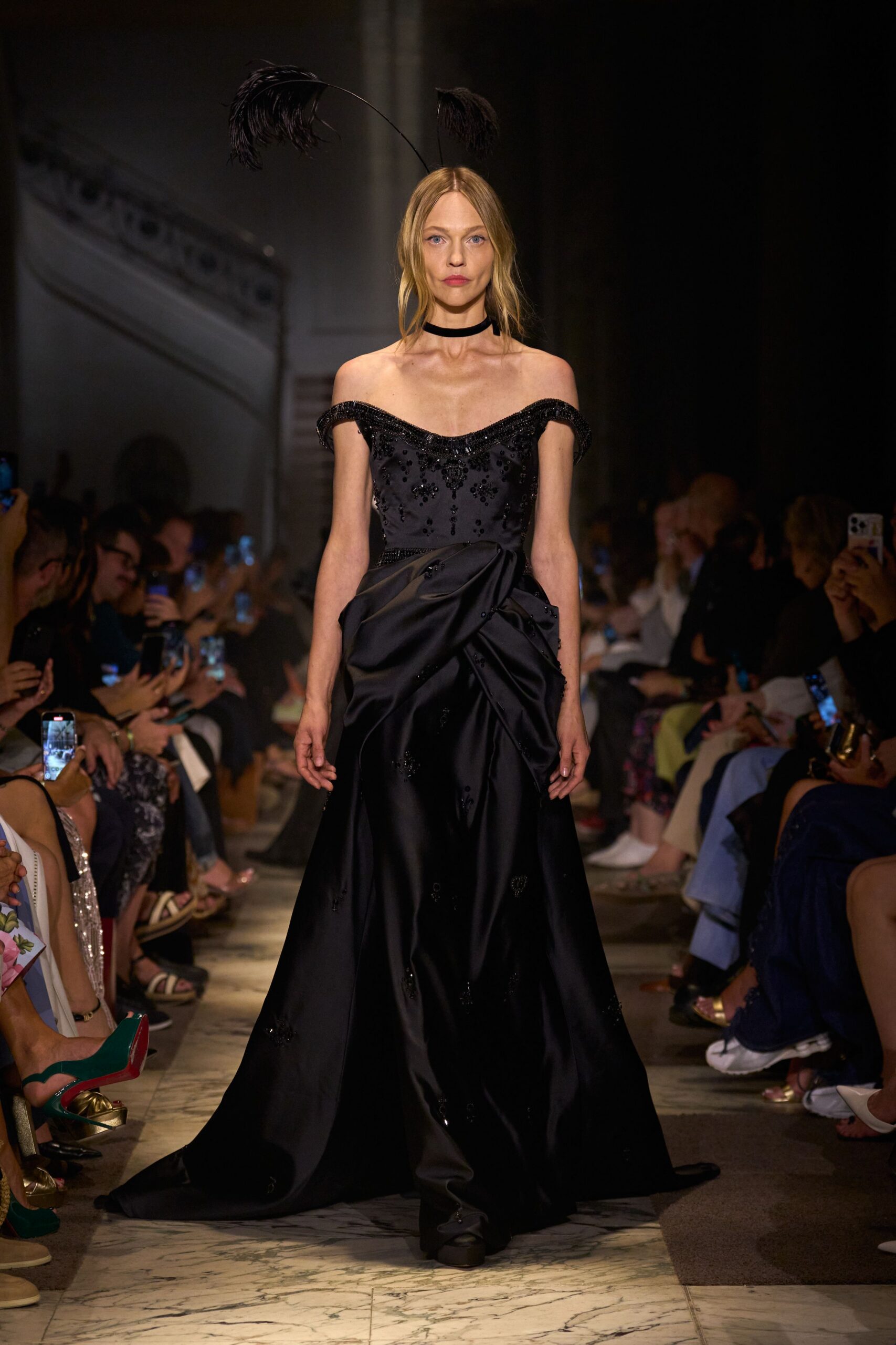 black off-shoulder embroidered gown