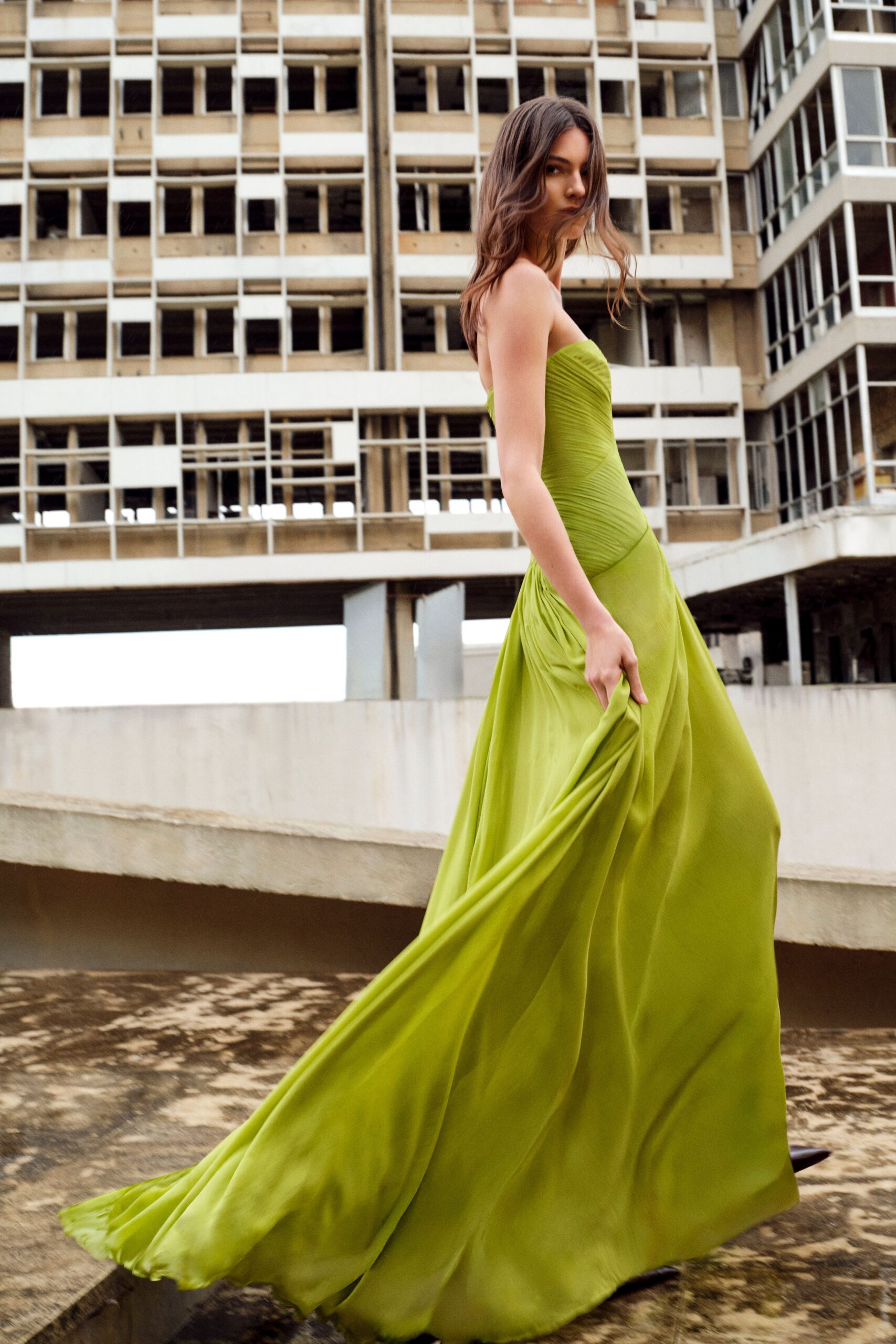 green silk strapless gown
