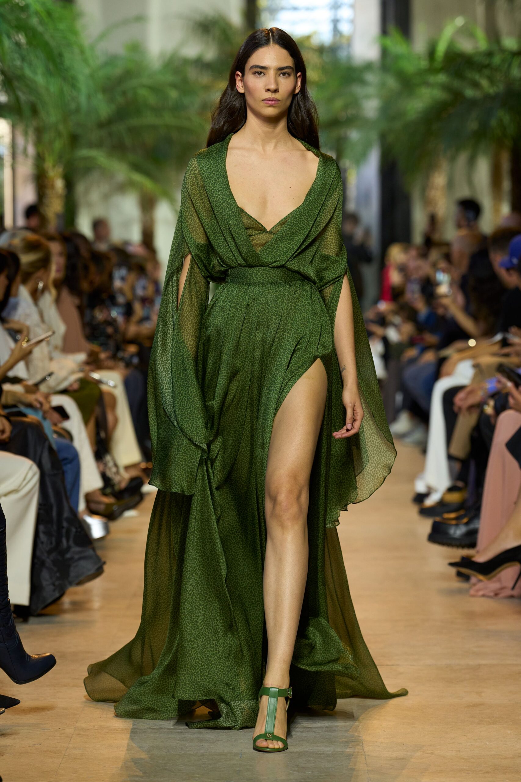 green silk sleeveless v-neck fitted draped flowing gown