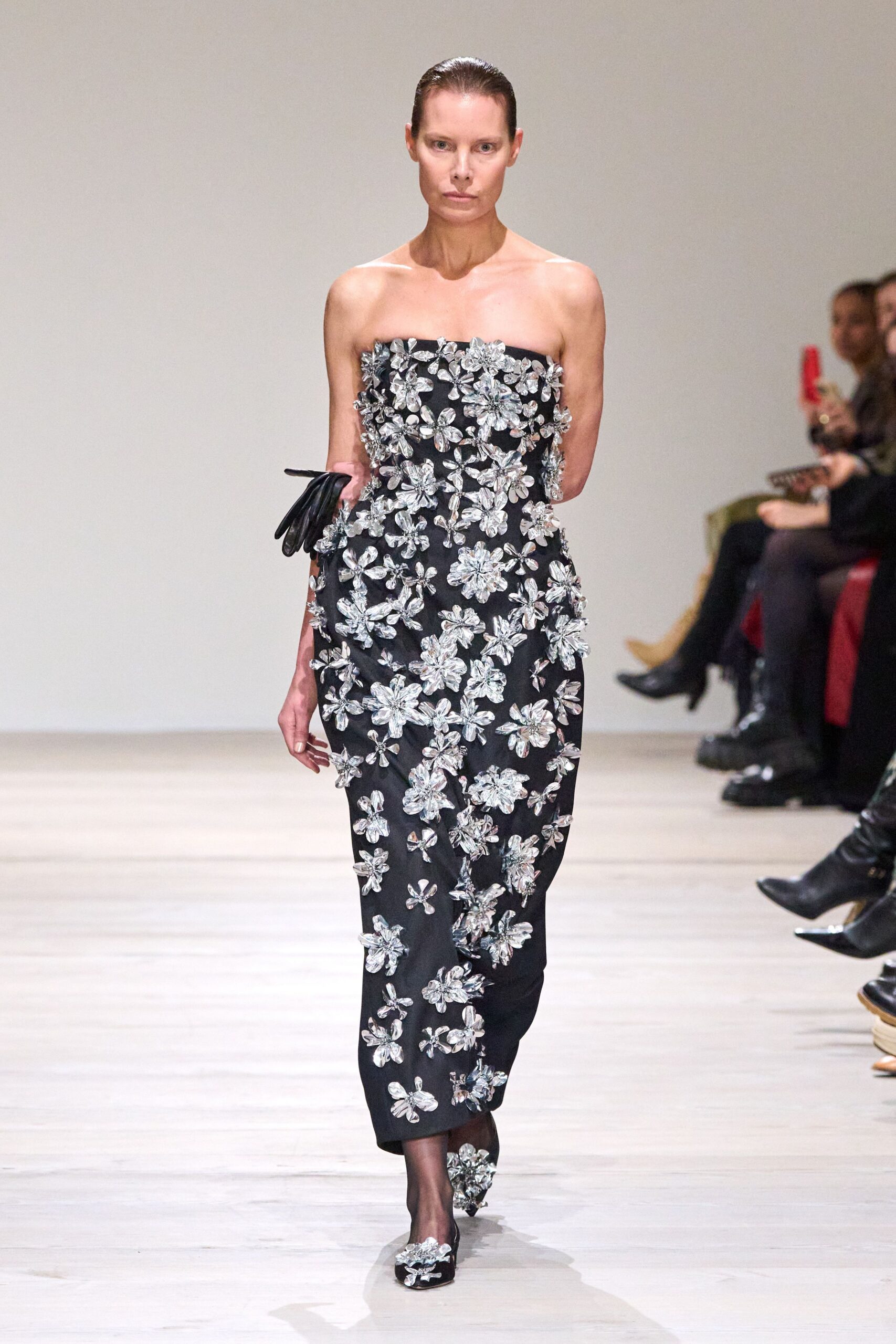 black silk strapless fitted embroidered midi gown