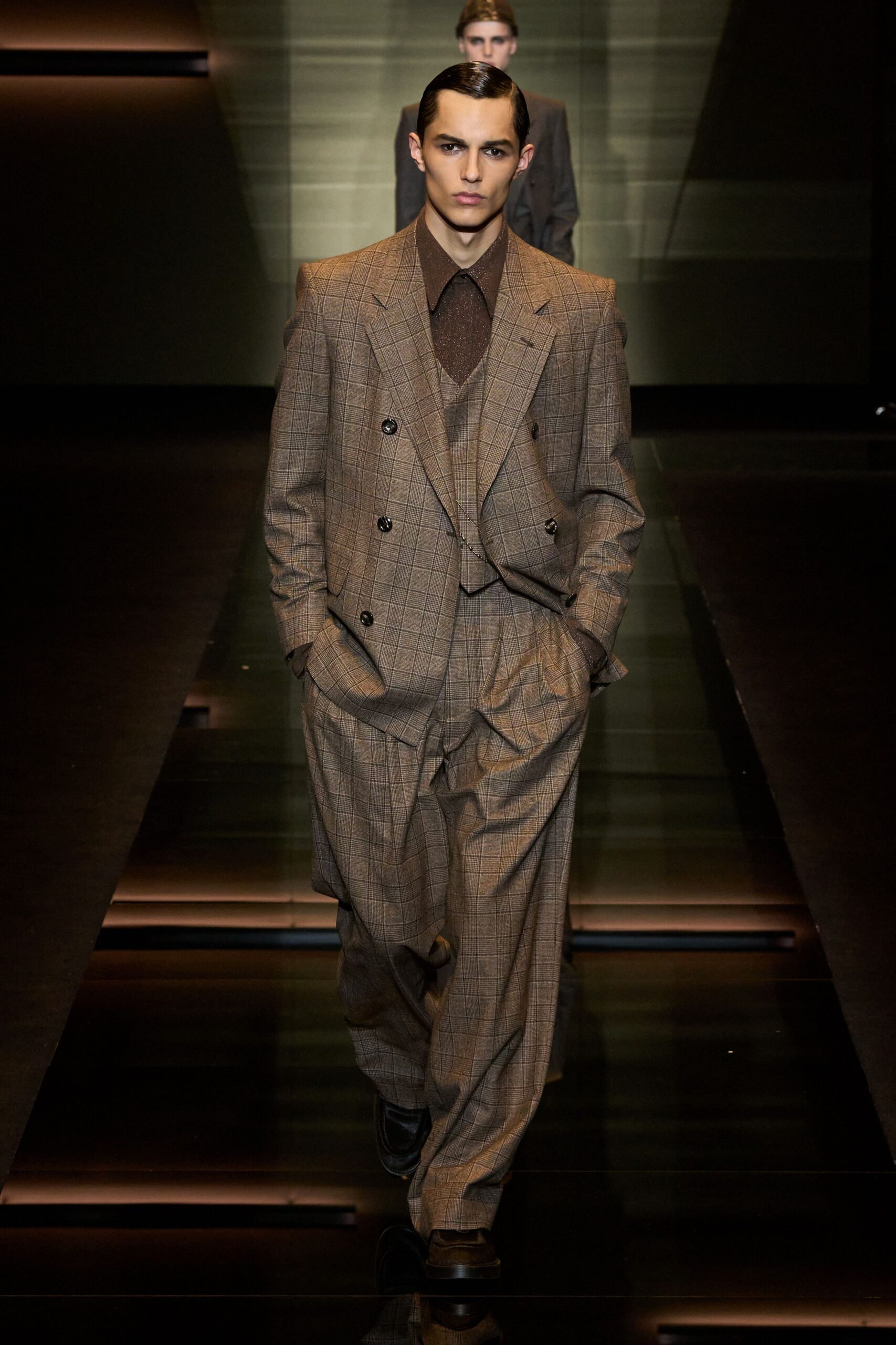 brown wool long-sleeve collared relaxed checked suit