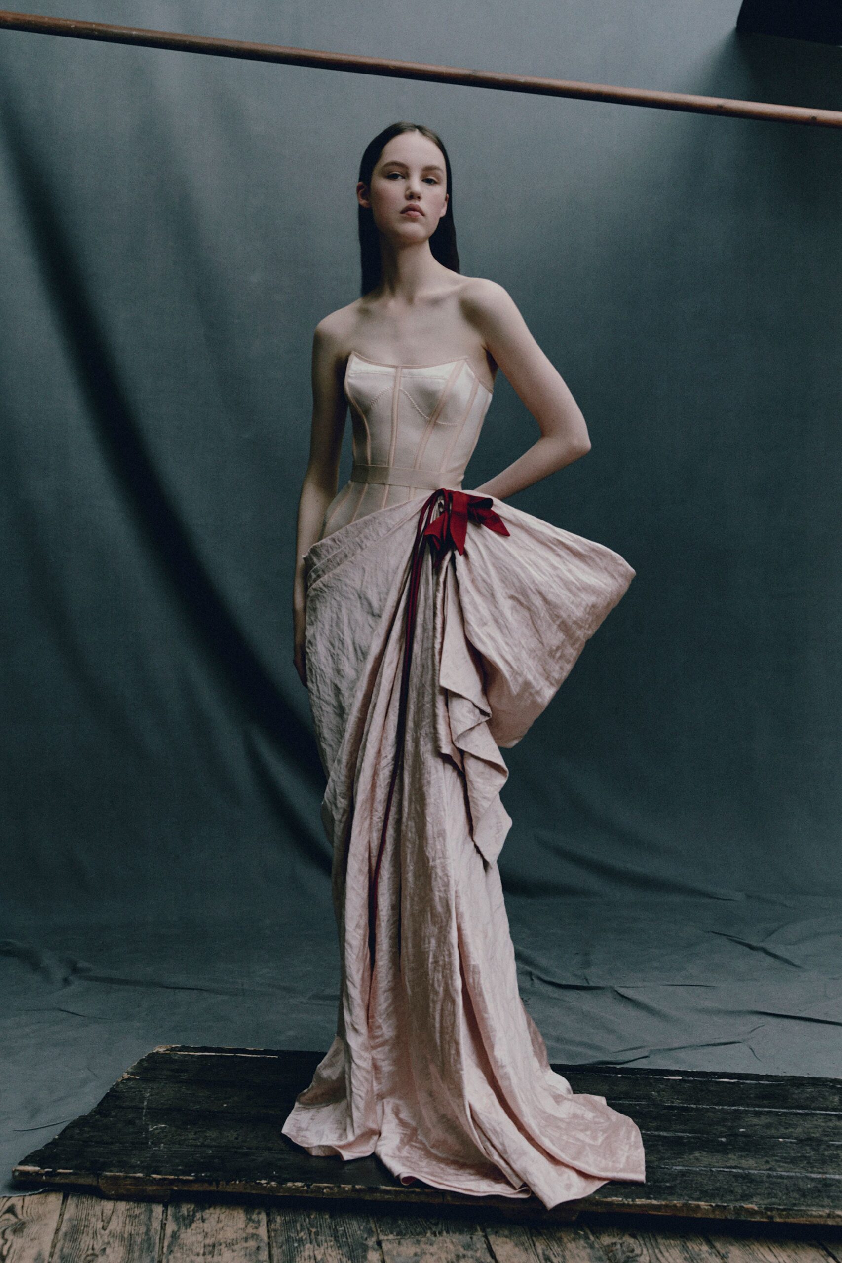 pink silk strapless gown