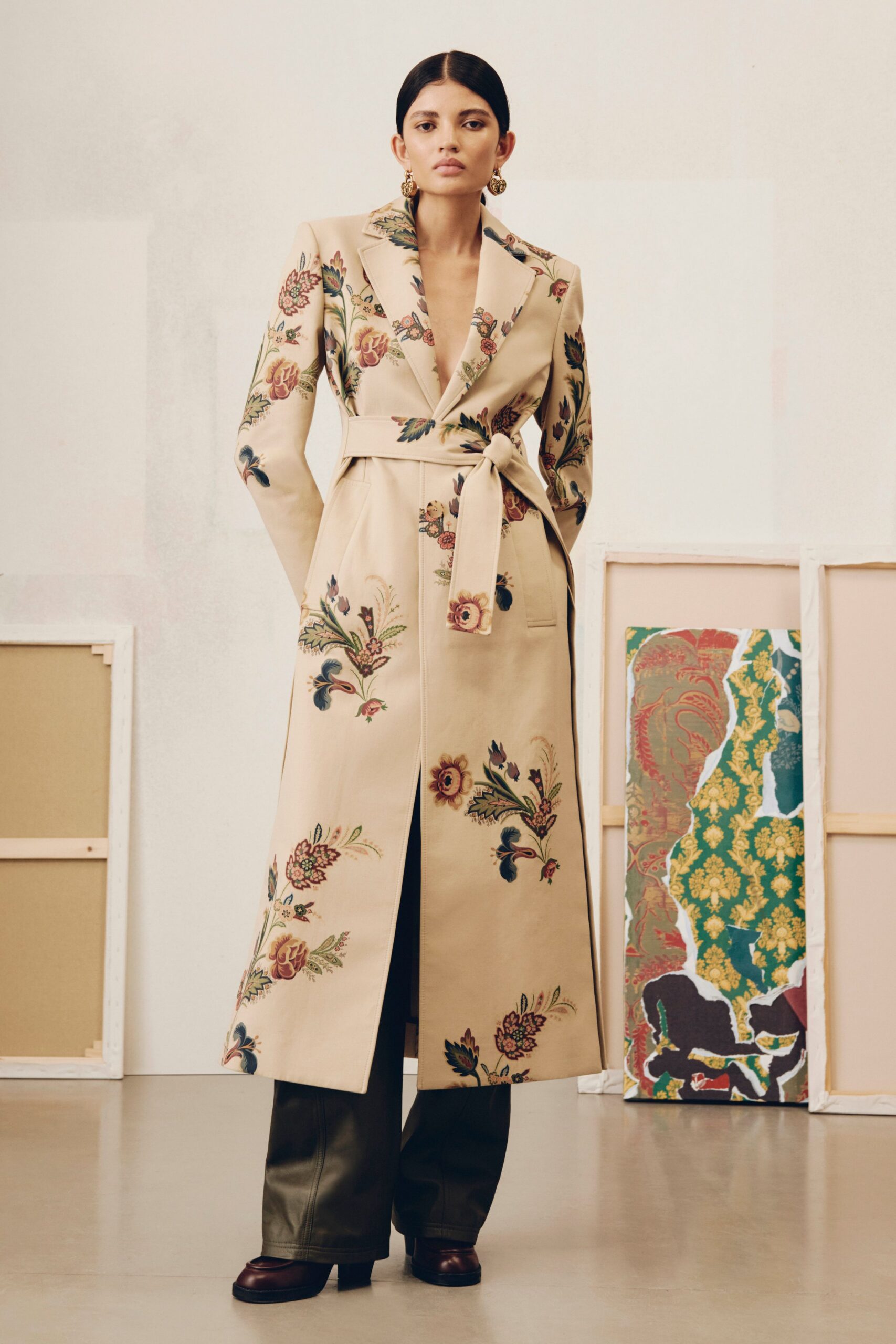 beige cotton long-sleeve collared fitted embroidered belted trench