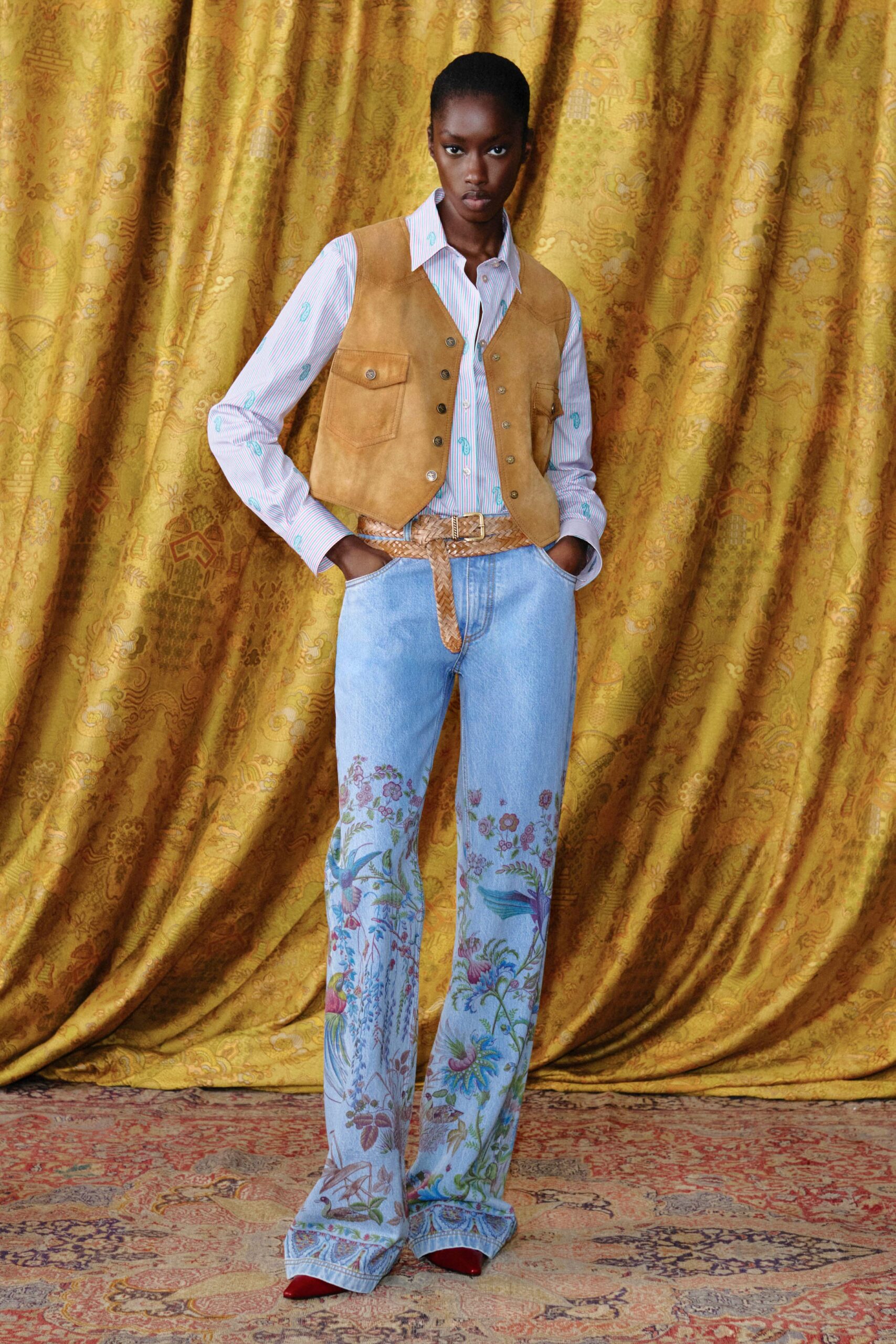brown suede vest with white shirt