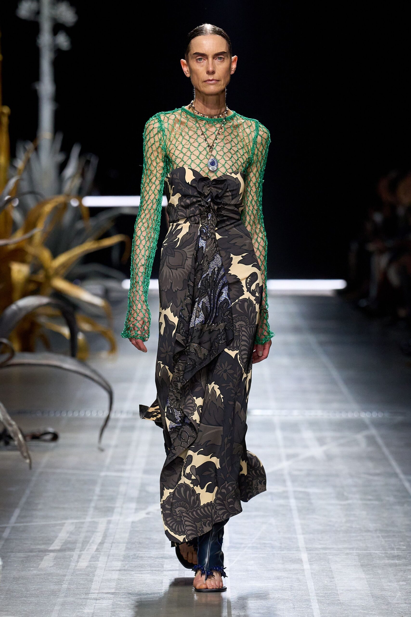 black silk long-sleeve v-neck fitted floral ruffled dress
