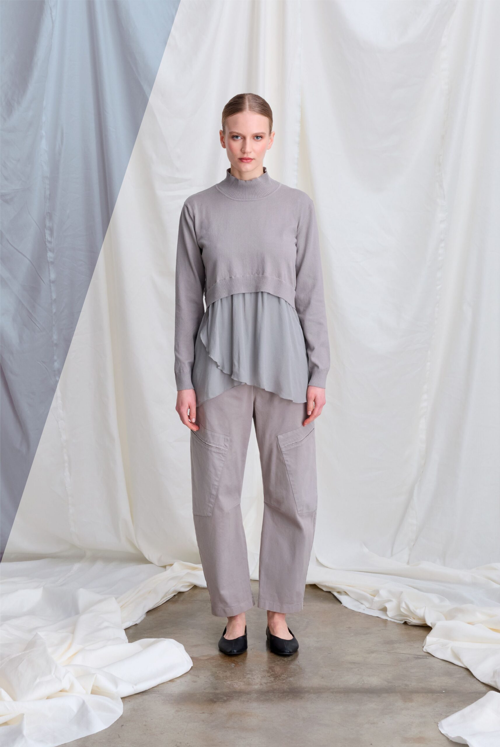 gray cotton long-sleeve high-neck relaxed layered top